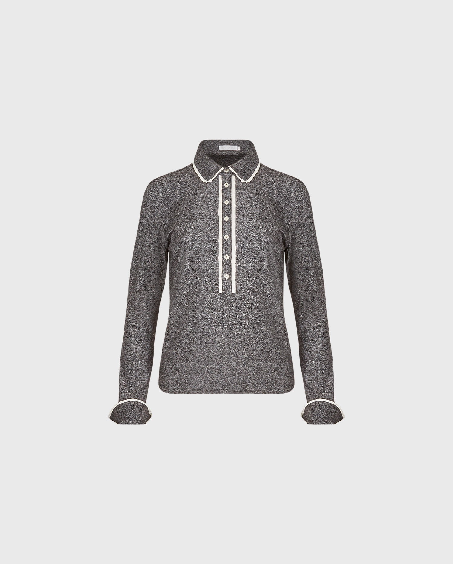 Discover the Faustine Grey Fitted Jersey Knit Shirt With White Trim Along Collar, Button Placket & Cuffs from designer ANNE FONTAINE