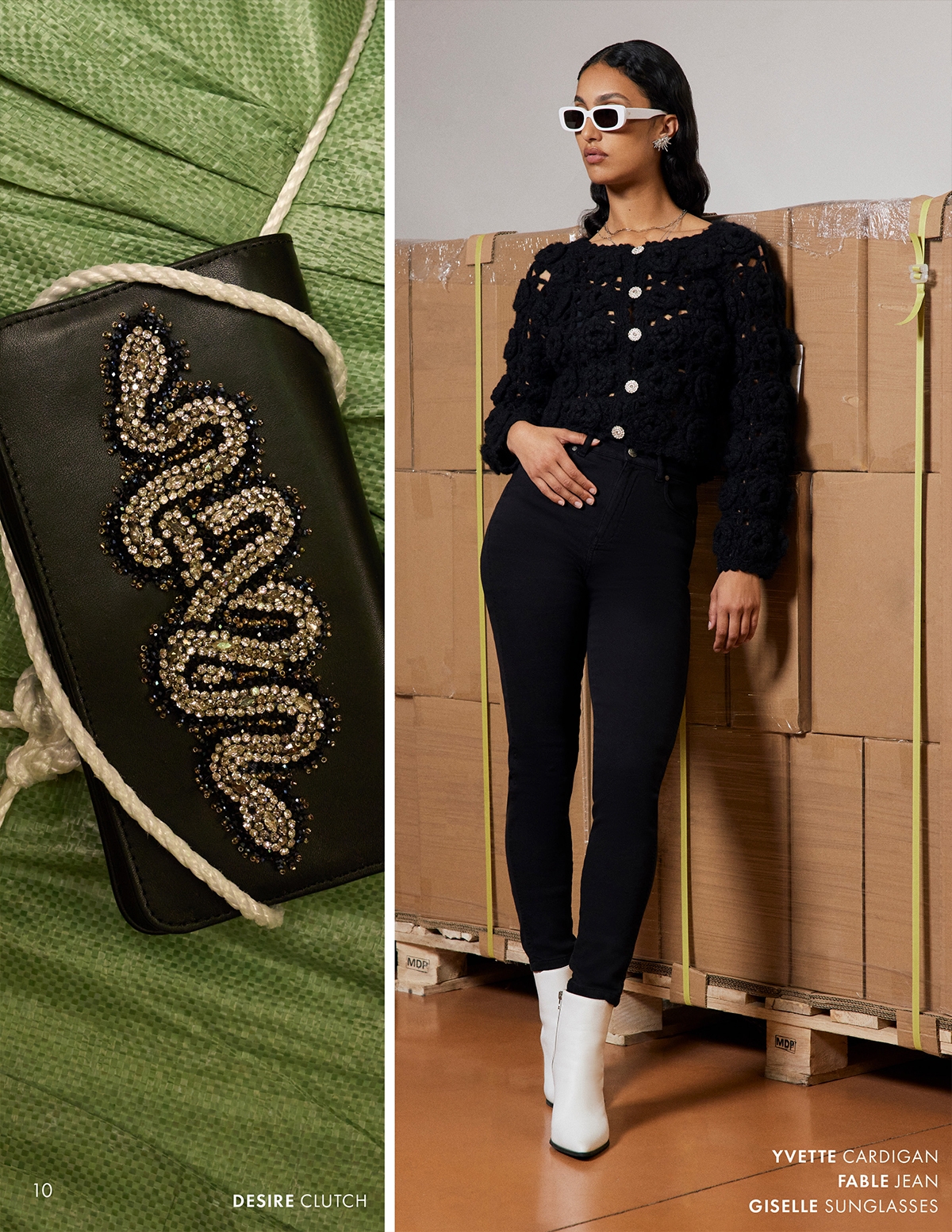 DISCOVER THE DESIRE CLUTCH, YVETTE CARDIGAN, FABLE JEAN AND GISELLE SUNGLASSES FROM DESIGNER ANNE FONTAINE