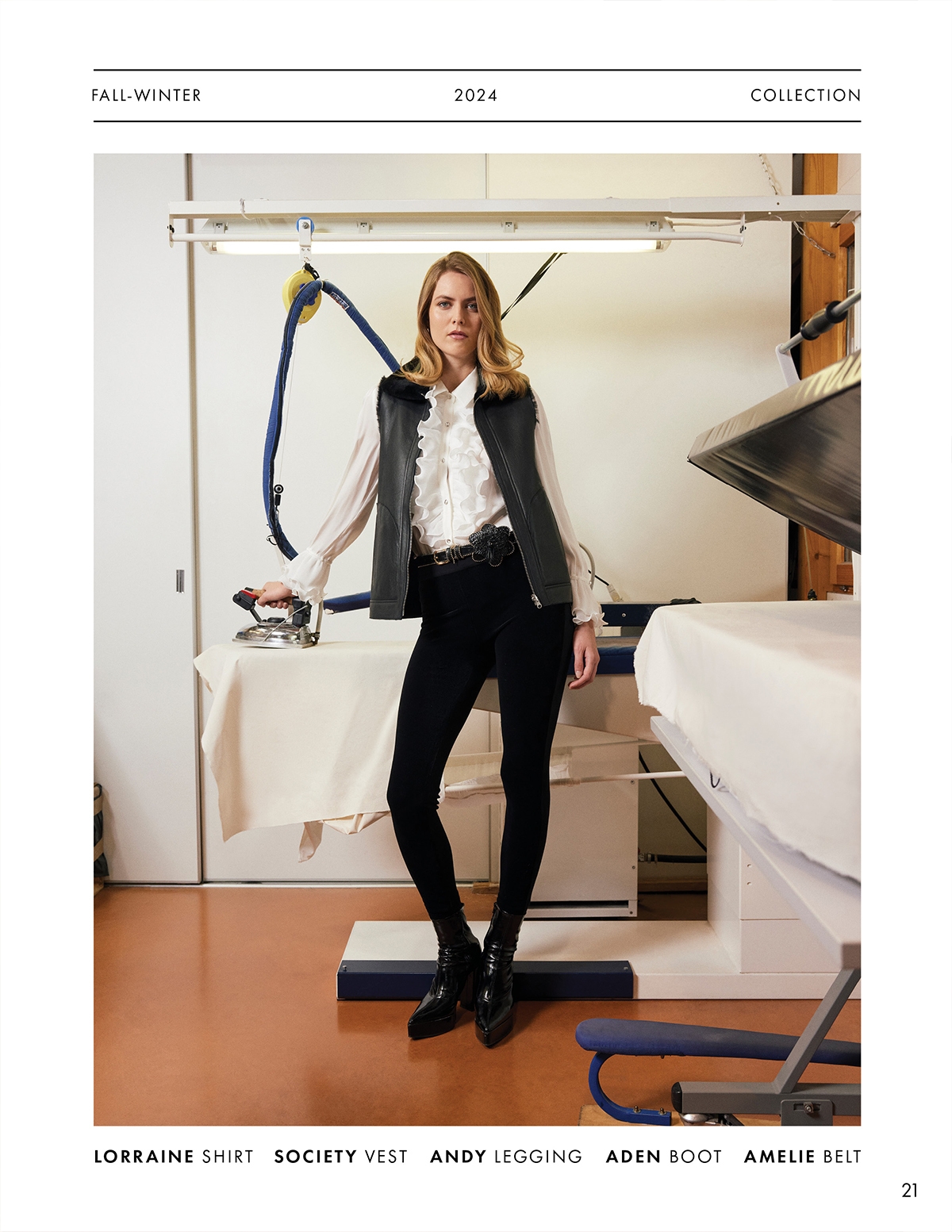 DISCOVER THE LORRAINE SHIRT, SOCIETY VEST, ANDY LEGGING, ADEN BOOT AND AMELIE BELT FROM DESIGNER ANNE FONTAINE