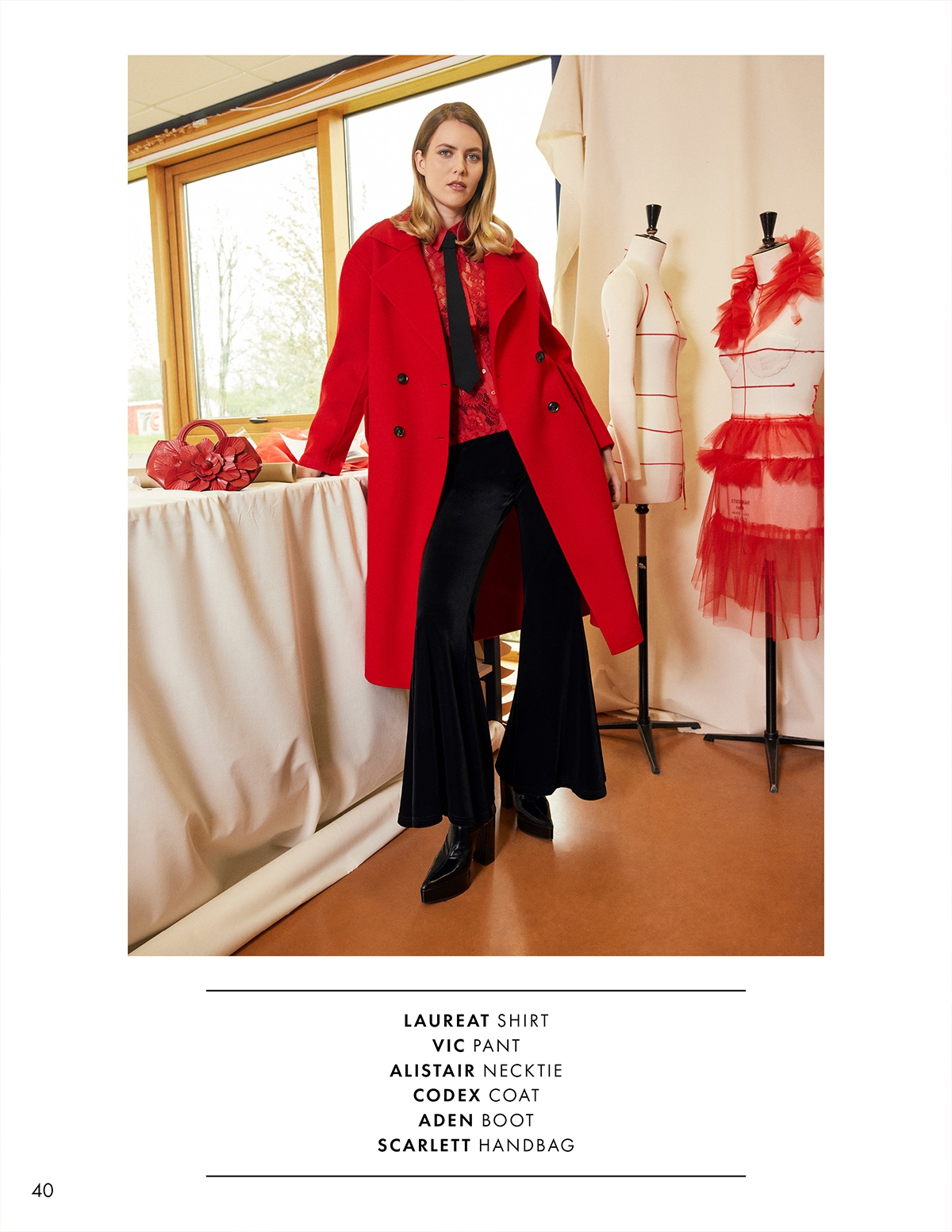 DISCOVER THE LAUREAT SHIRT, VIC PANT, ALISTAIR NECKTIE, CODEX COAT, ADEN BOOT AND SCARLETT HANDBAG FROM DESIGNER ANNE FONTAINE