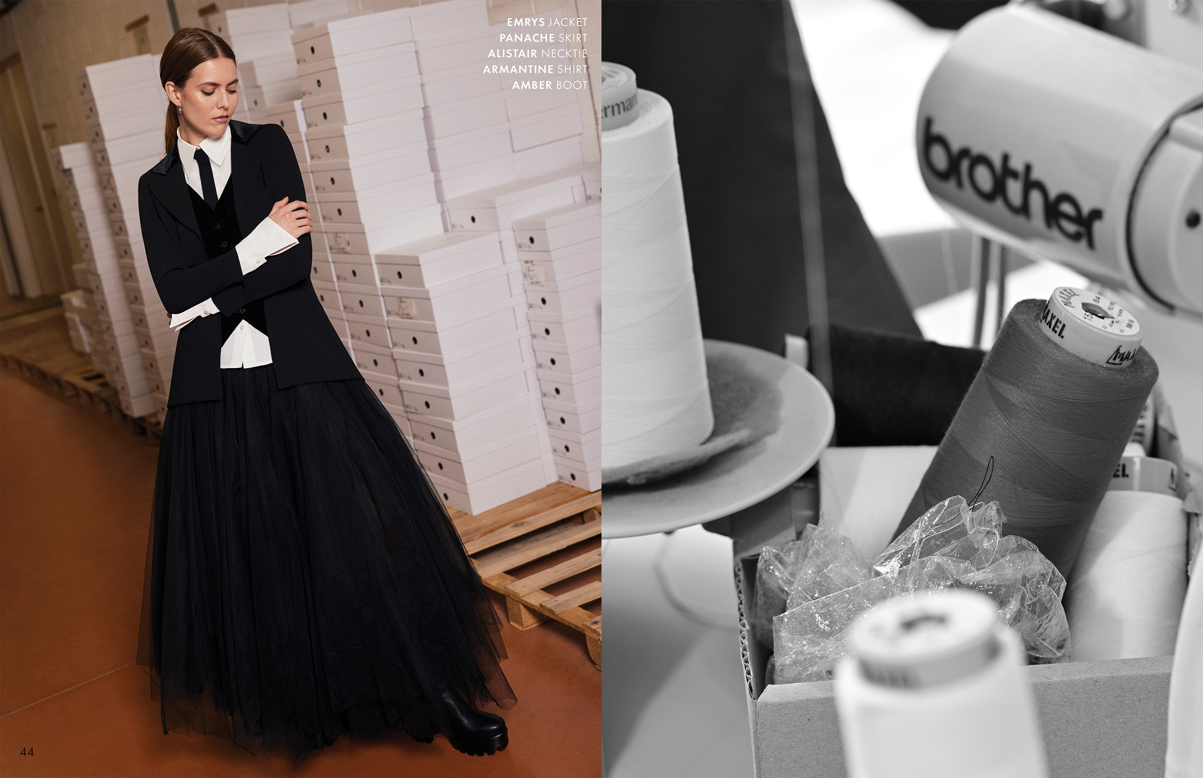 DISCOVER THE EMRYS JACKET, PANACHE SKIRT, ALISTAIR NECKTIE, ARMANTINE SHIRT AND AMBER BOOT FROM DESIGNER ANNE FONTAINE
