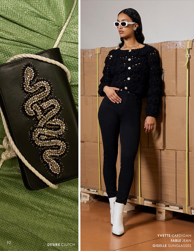 DISCOVER THE DESIRE CLUTCH, YVETTE CARDIGAN, FABLE JEAN AND GISELLE SUNGLASSES FROM DESIGNER ANNE FONTAINE