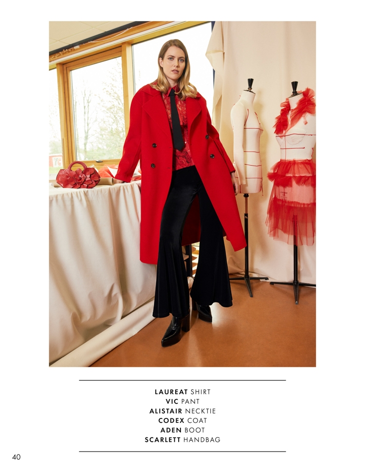 DISCOVER THE LAUREAT SHIRT, VIC PANT, ALISTAIR NECKTIE, CODEX COAT, ADEN BOOT AND SCARLETT HANDBAG FROM DESIGNER ANNE FONTAINE