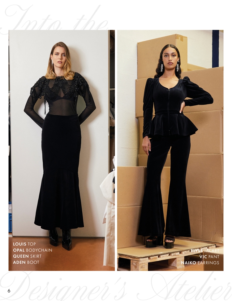 DISCOVER THE LOUIS TOP, OPAL BODYCHAIN, QUEEN SKIRT, ADEN BOOT, ELYSE JACKET, VIC PANT AND NAIKO EARRINGS FROM DESIGNER ANNE FONTAINE