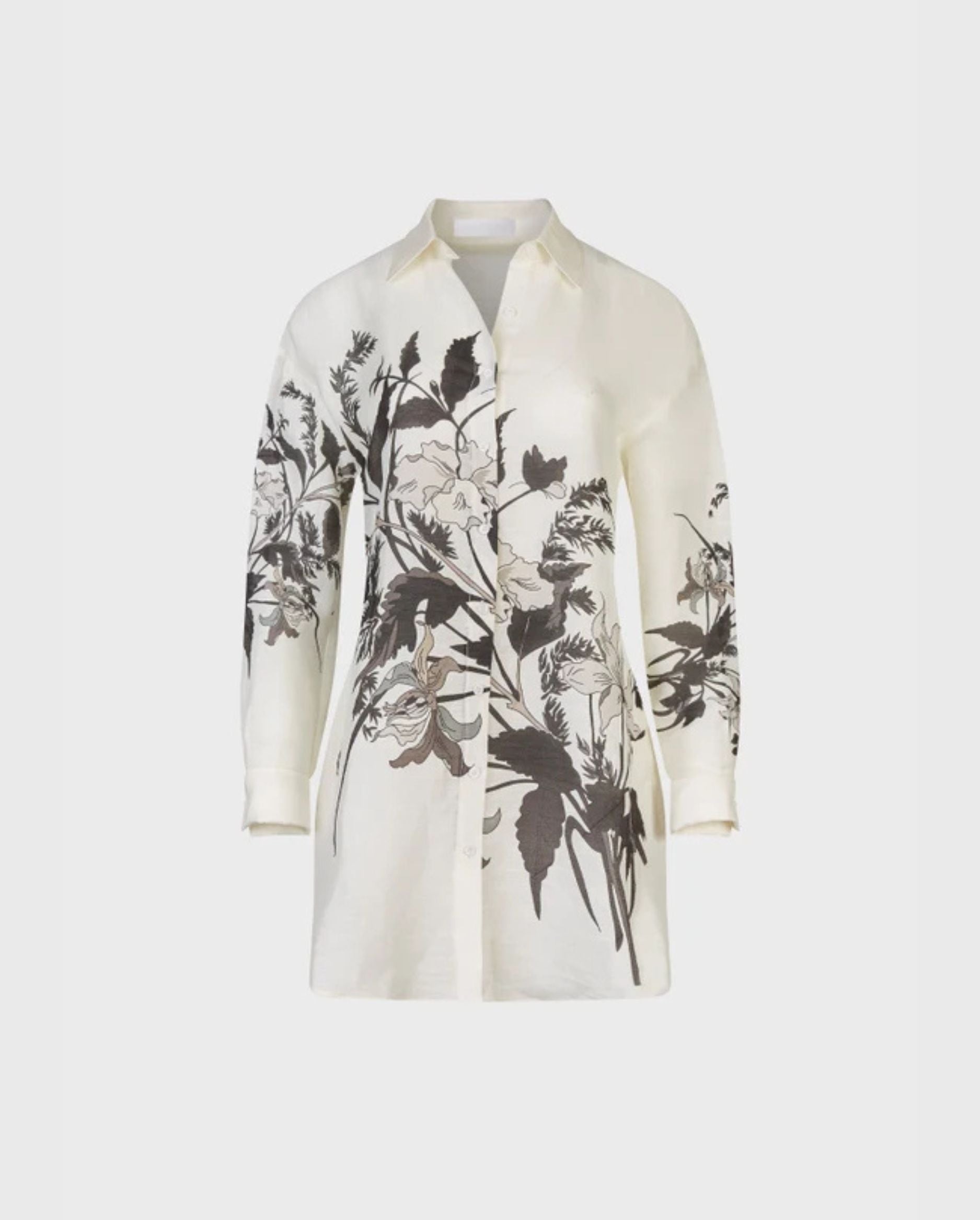 Discover the Felisa Long sleeve oversized white shirt with black floral design by designer ANNE FONTAINE