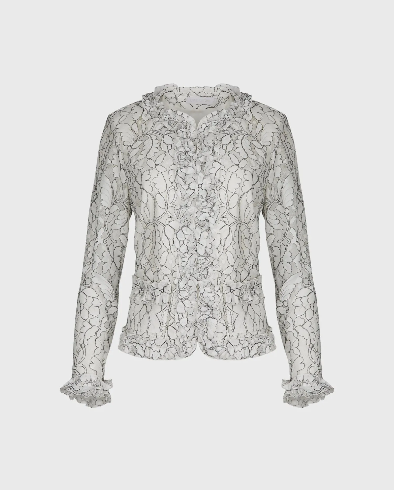 Discover the Giana White & Black Structured Lace Jacket With Ruffle Trim, Patch Pockets And Hook And Eye Closure from designer ANNE FONTAINE