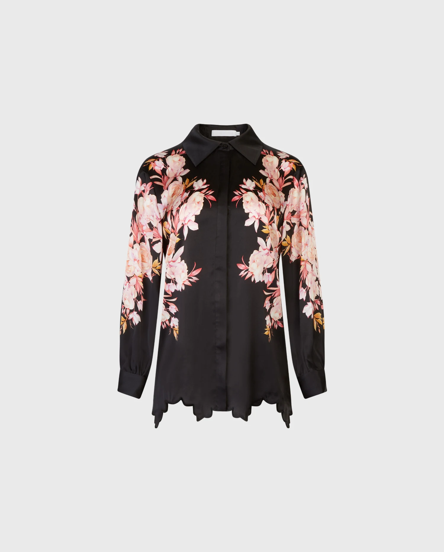 Discover the Hydra Black Long Sleeve Silk Shirt With French Cuffs & Scalloped Hemline Featuring Pink Floral Design from designer ANNE FONTAINE