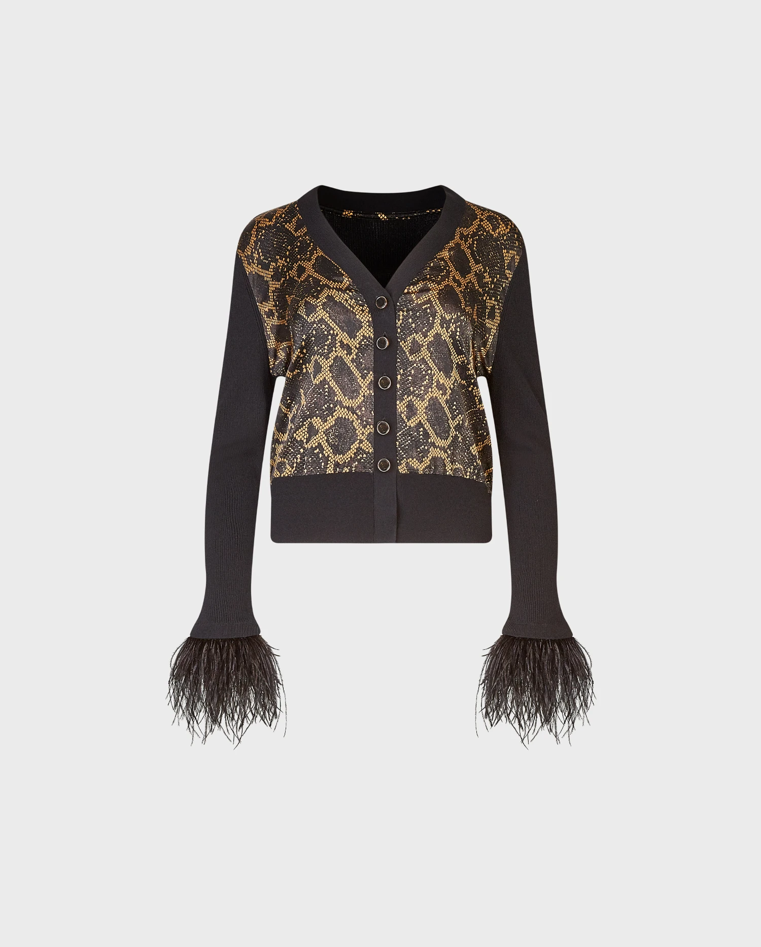 Discover the India Brown Viscose Cardigan Featuring Snake Skin Print & Black Feathers At The Wrists from designer ANNE FONTAINE