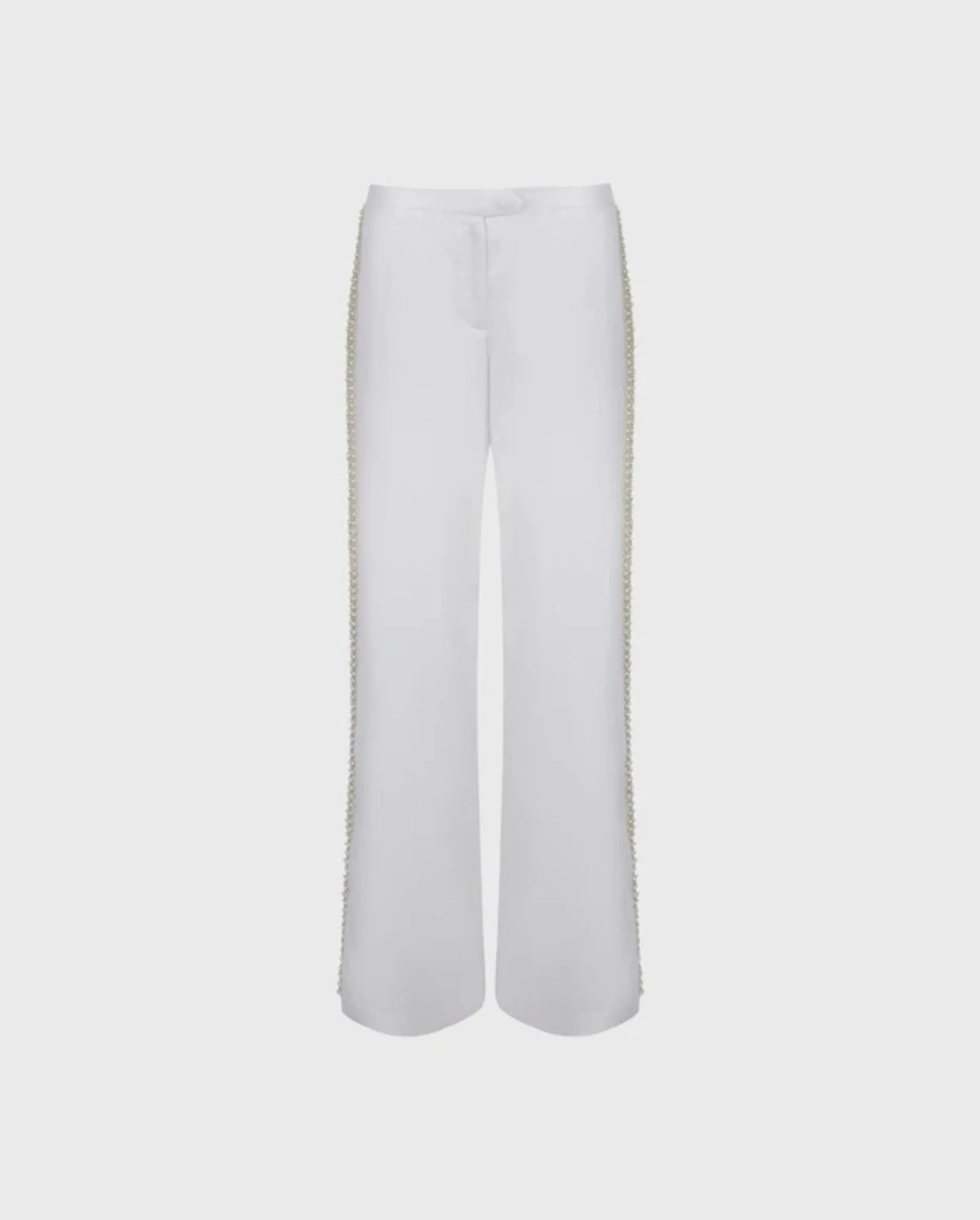Discover the JANICE White Linen Wide Leg Pant With Pearl and Ribbons by designer ANNE FONTAINE