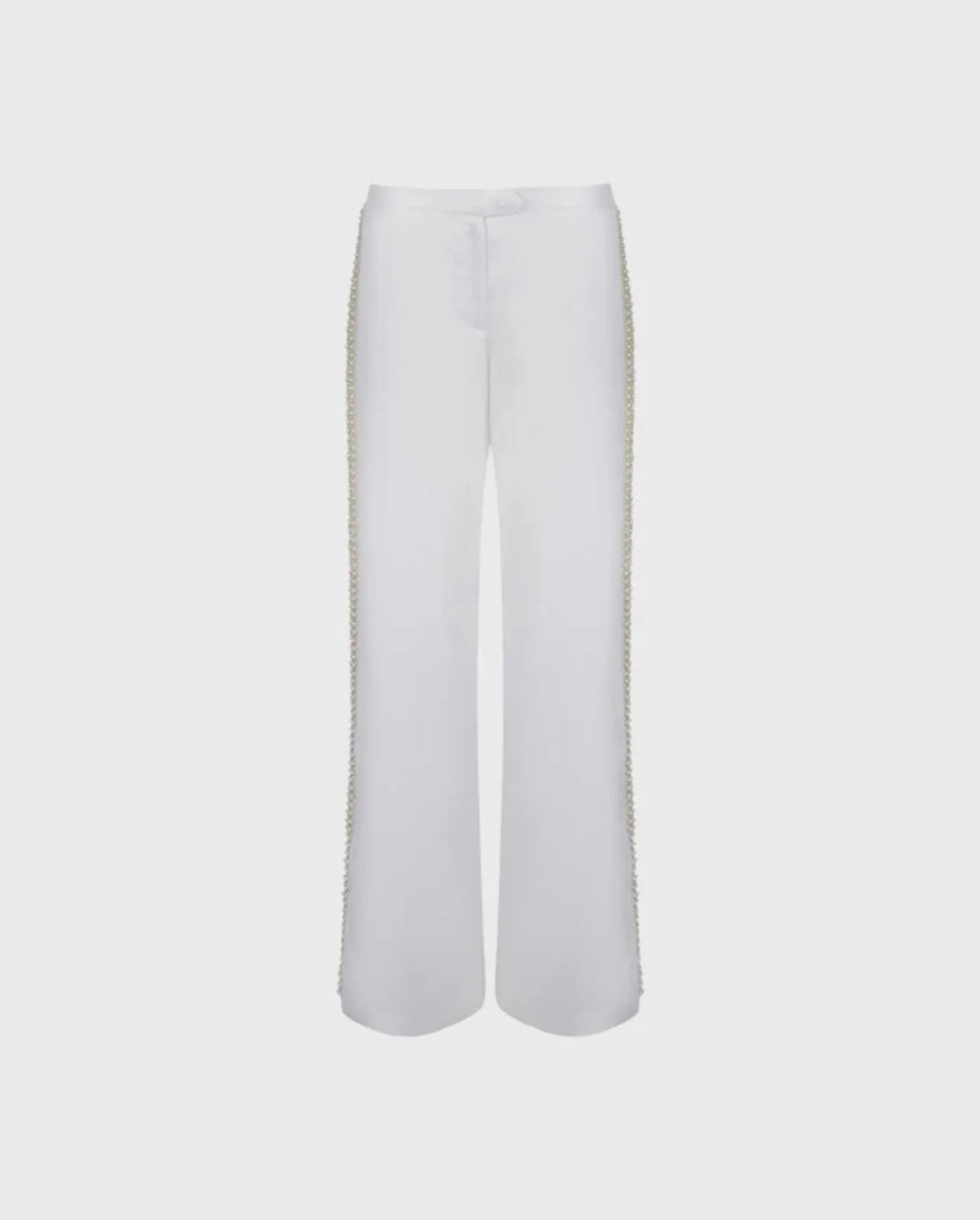 Discover the JANICE White Linen Wide Leg Pant With Pearl and Ribbonsby designer ANNE FONTAINE.