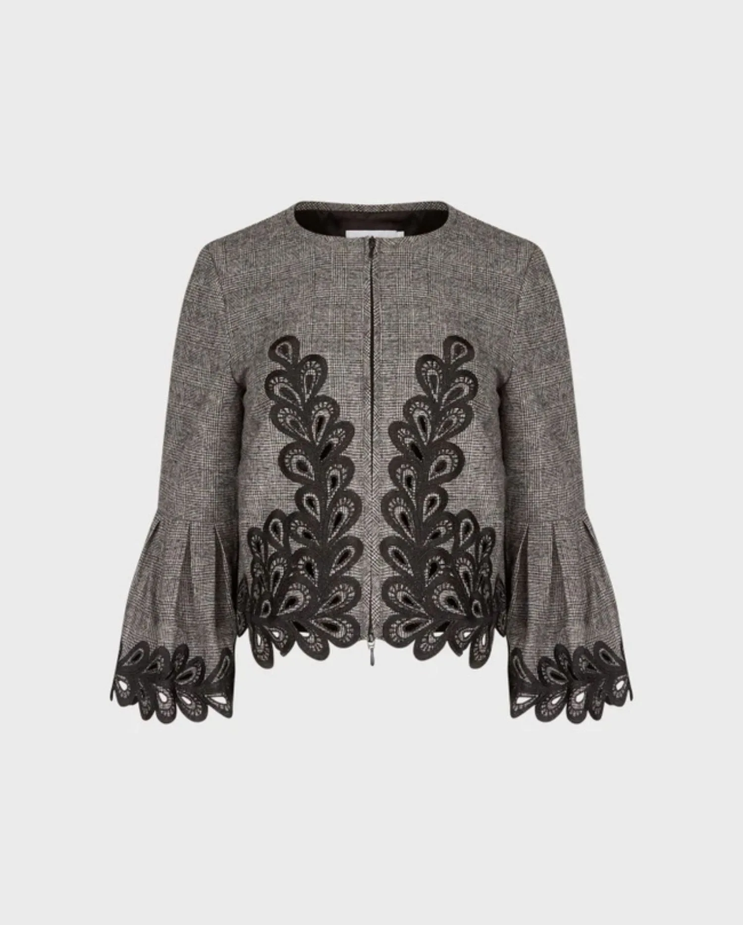 Discover the Ange Grey Designer Jacket with Pleated Ruffle Cuffs and Embroidered Detailing by designer ANNE FONTAINE