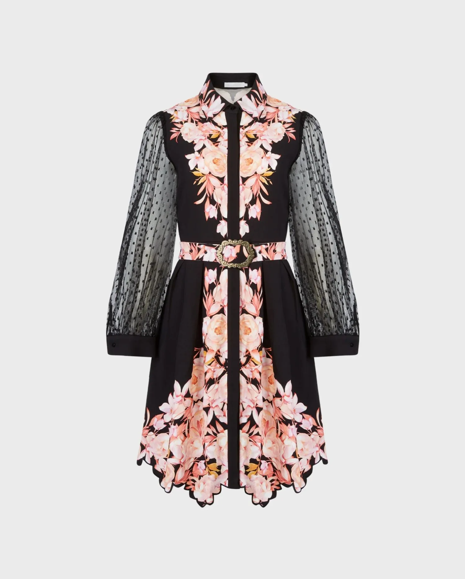 Discover the JOSETTE Black Long Sleeve Midi-Length Dress With Pink Floral Motif from designer ANNE FONTAINE