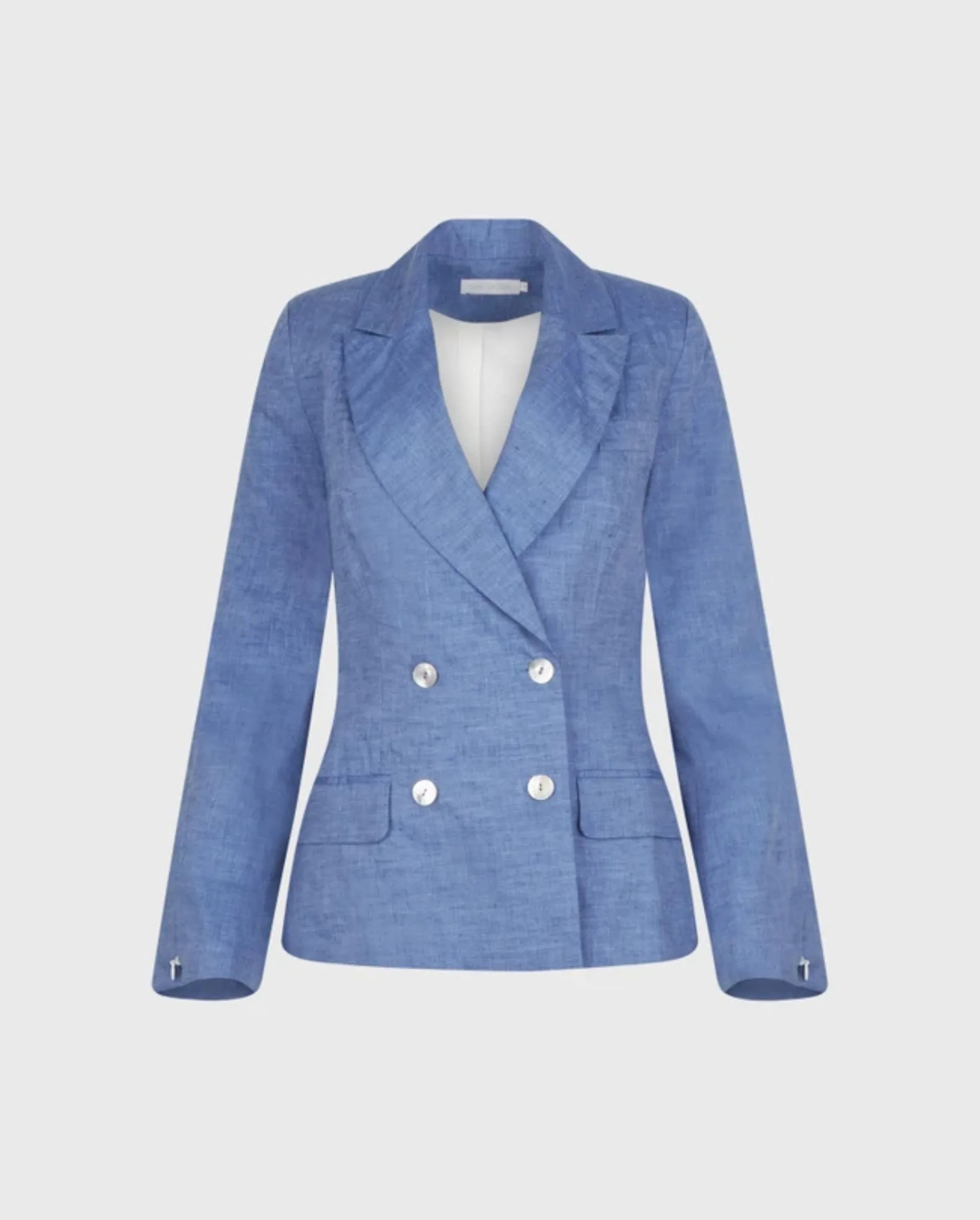 Discover the KAMILLY Chambray Blue Linen Structured Blazer With Pearl Buttons And Zippered Sleeves by designer ANNE FONTAINE