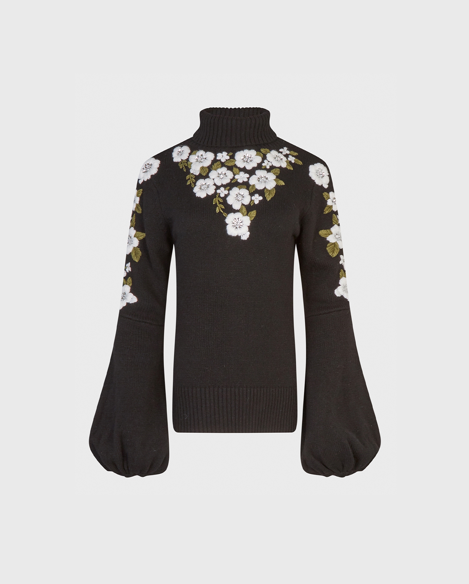 Discover the Legende Black Knit Turtleneck With Statement White Floral Applique & Balloon Sleeves from designer ANNE FONTAINE