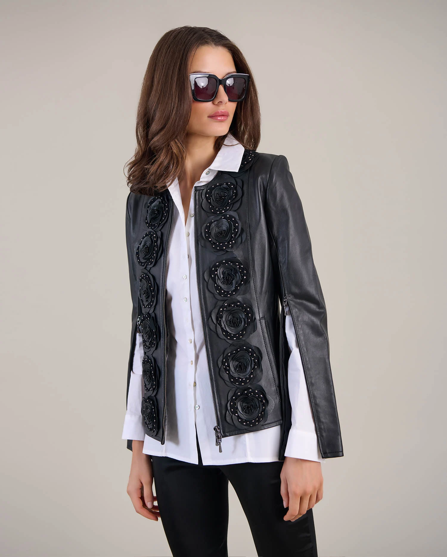 Discover the LORYNA Black Leather Jacket With Front Flowers from designer ANNE FONTAINE