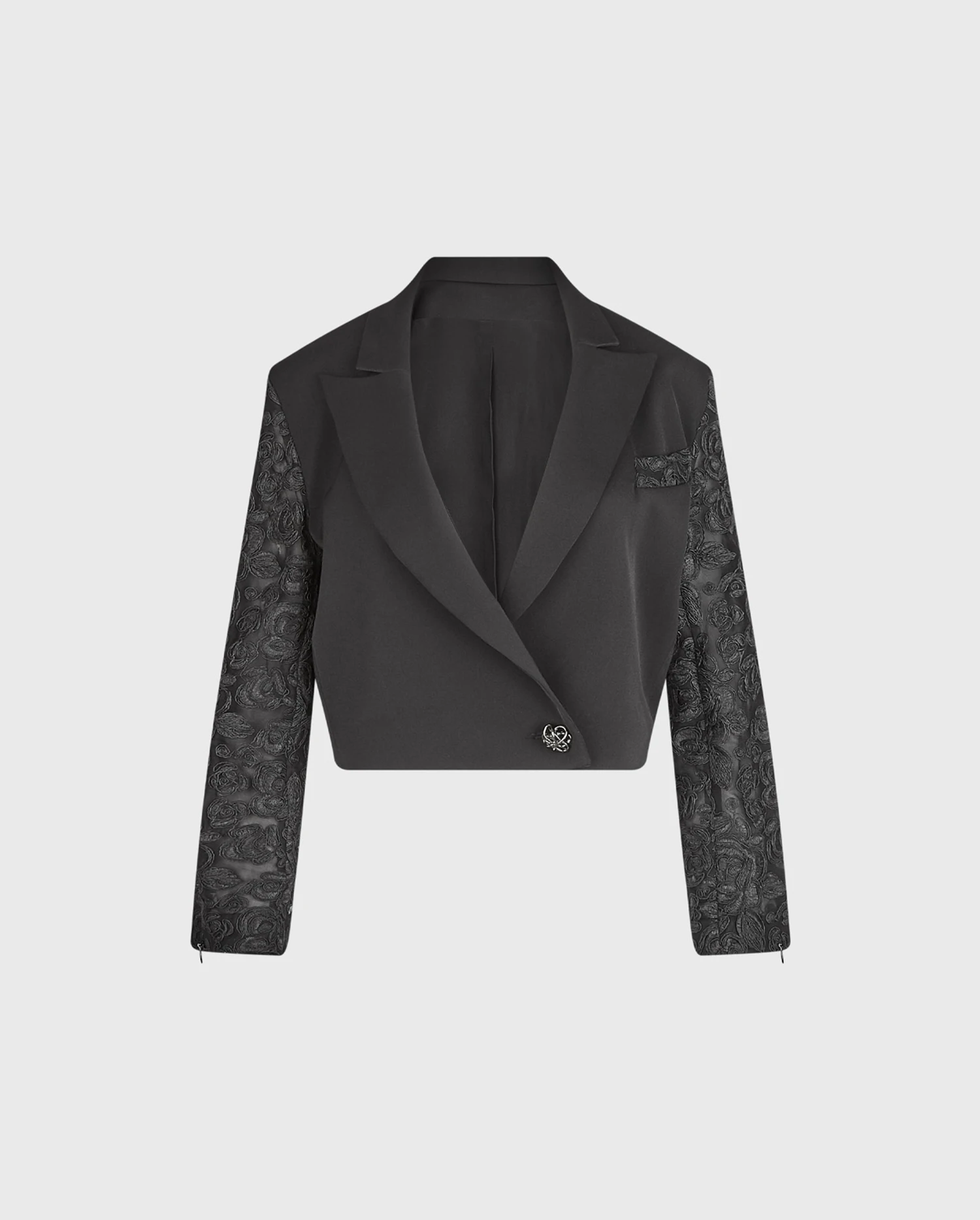 Discover the MARISOL Black Cropped Tuxedo Jacket With Single Button Closure And Sheer Embroidered Sleeves from designer ANNE FONTAINE