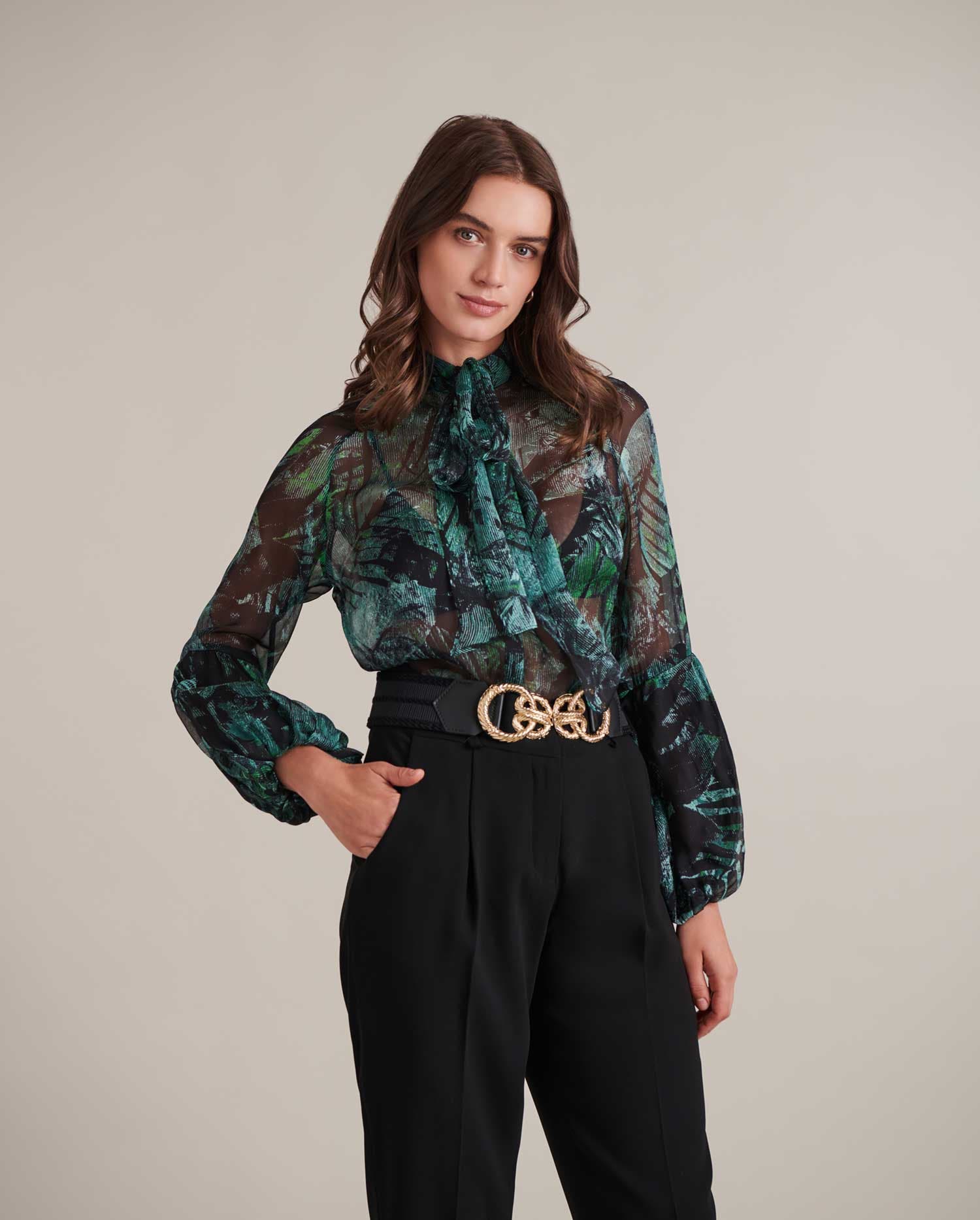 Discover the Monet Green Sheer Silk Shirt With Neck Tie & Balloon Sleeves Featuring An Abstract Pattern  from designer ANNE FONTAINE