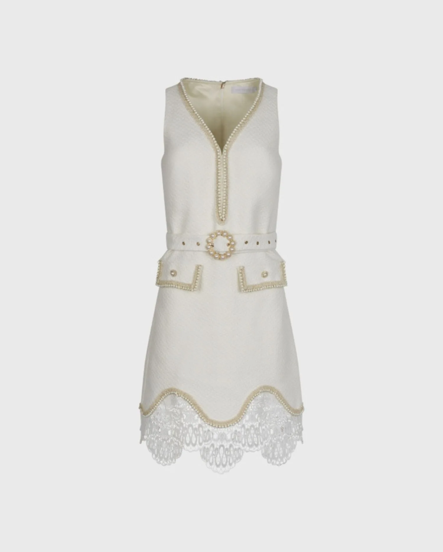 Discover the Marianna Moon White and Gold Tweed Sleeveless Dress With Scalloped Hem by designer ANNE FONTAINE