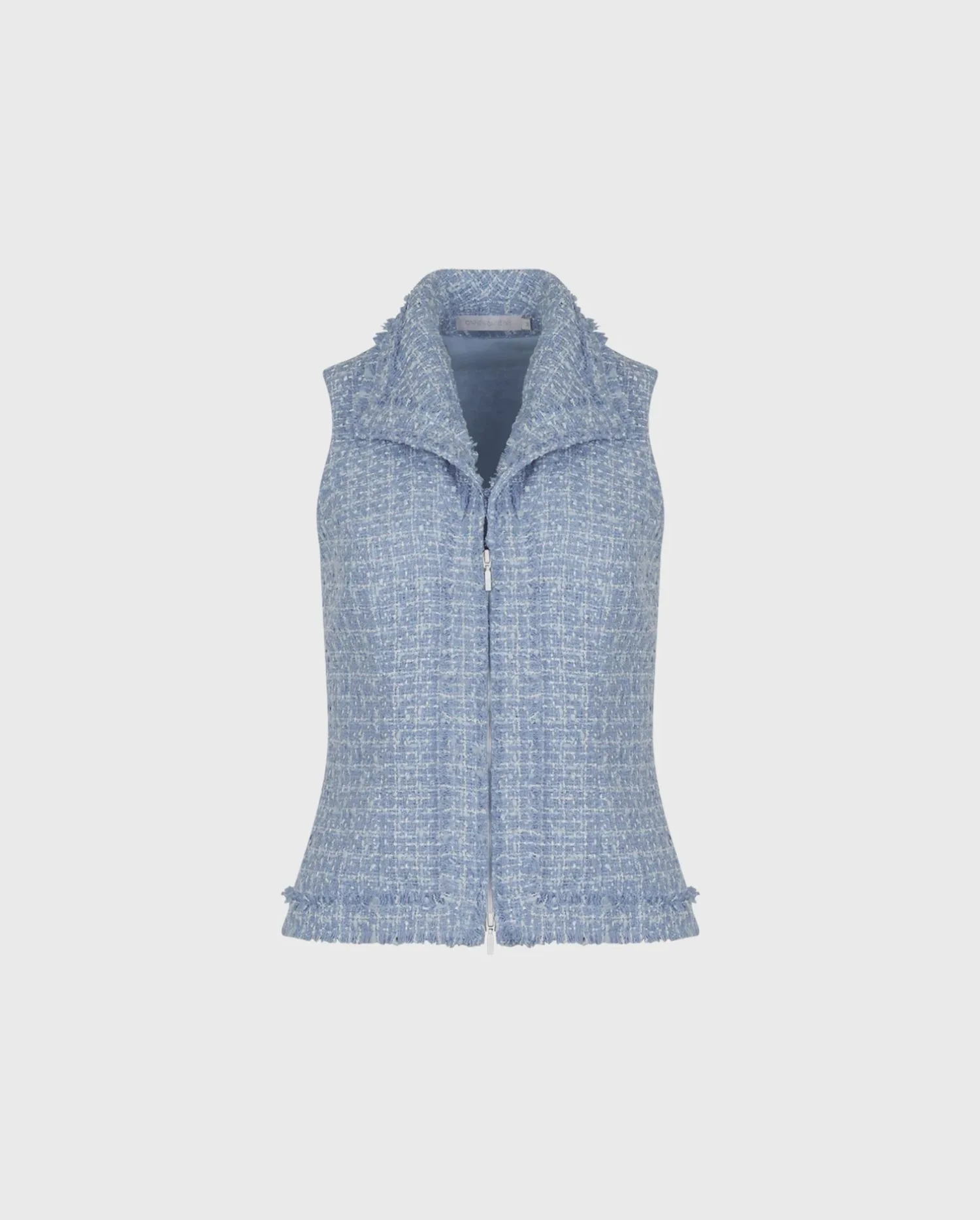 Discover the MARLYN Sleeveless Blue Tweed Zipper Front Vest with Statement Collar by designer ANNE FONTAINE
