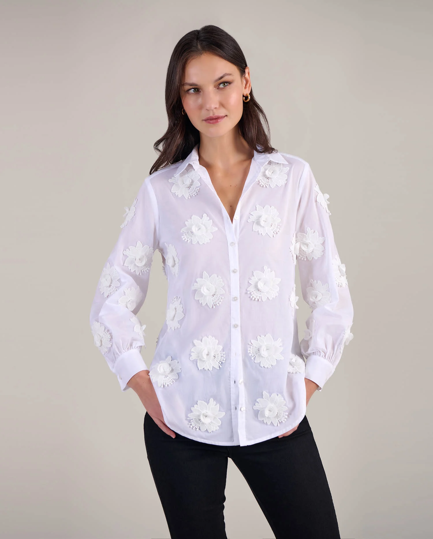 Discover the NEREIDA White Sheer Cotton Shirt With 3D Flowers from designer Anne Fontaine