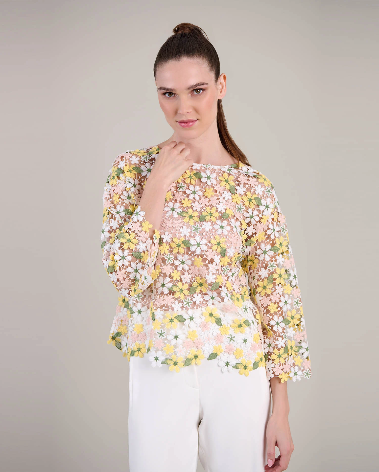 Discover the Ninna Pastel Multi Color Embroidered Lace Floral Top With Scalloped Edges from designer ANNE FONTAINE