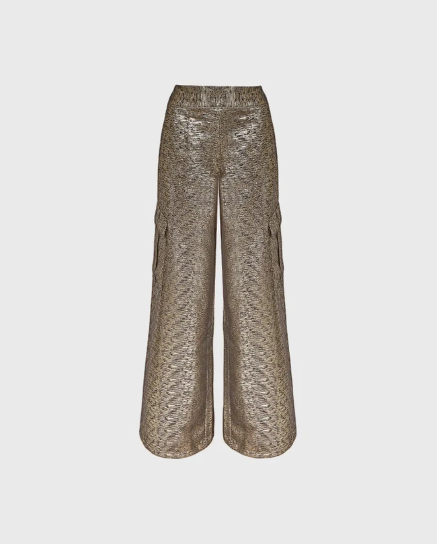 Discover the Night Gold Metallic Wide Leg Cargo Pants With Hidden Side Zipper & Drawstring Ankle Details by designer ANNE FONTAINE
