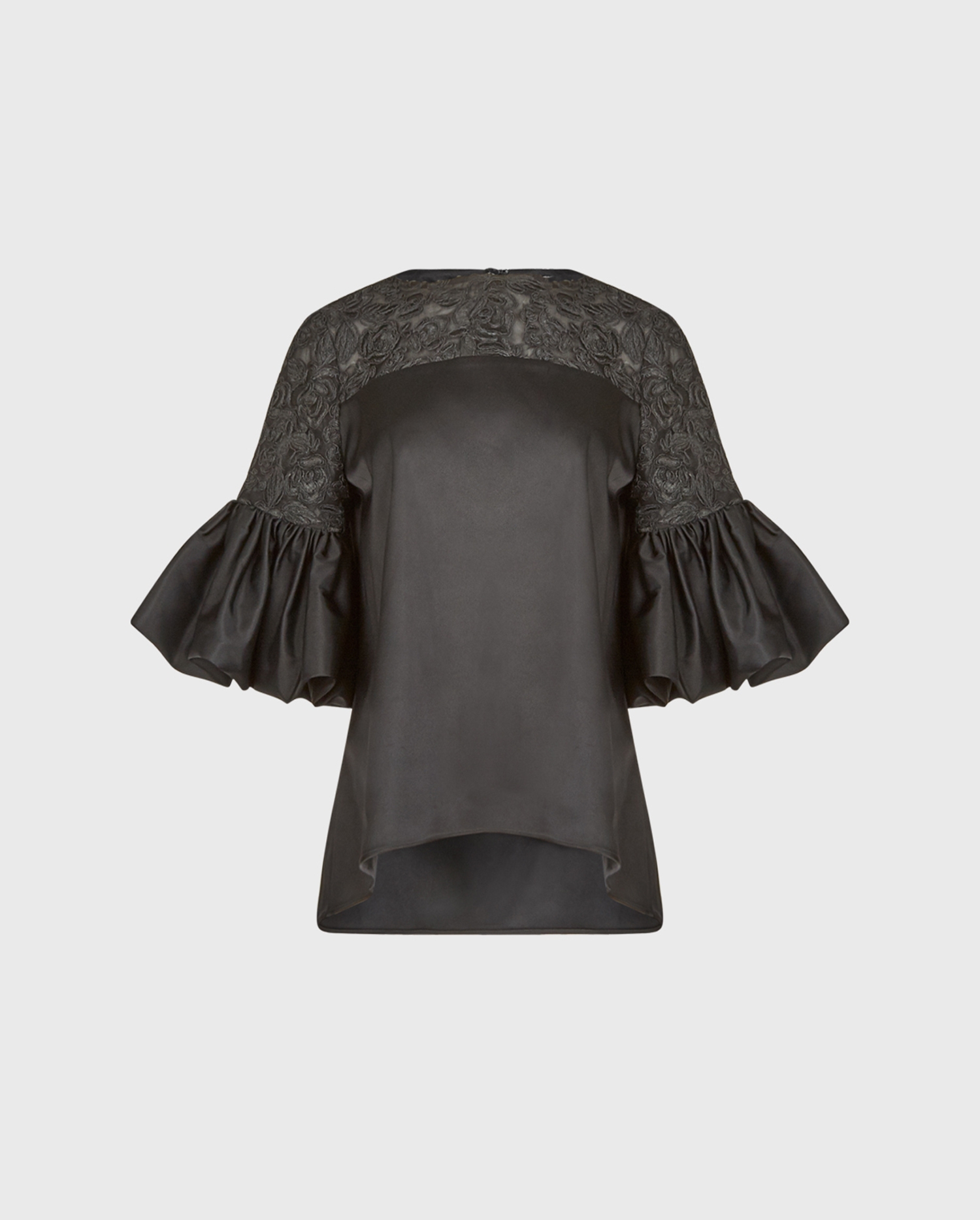 Discover the ODALYS Black High-Low Blouse With Corded Lace & Ruched Sleeves from designer ANNE FONTAINE