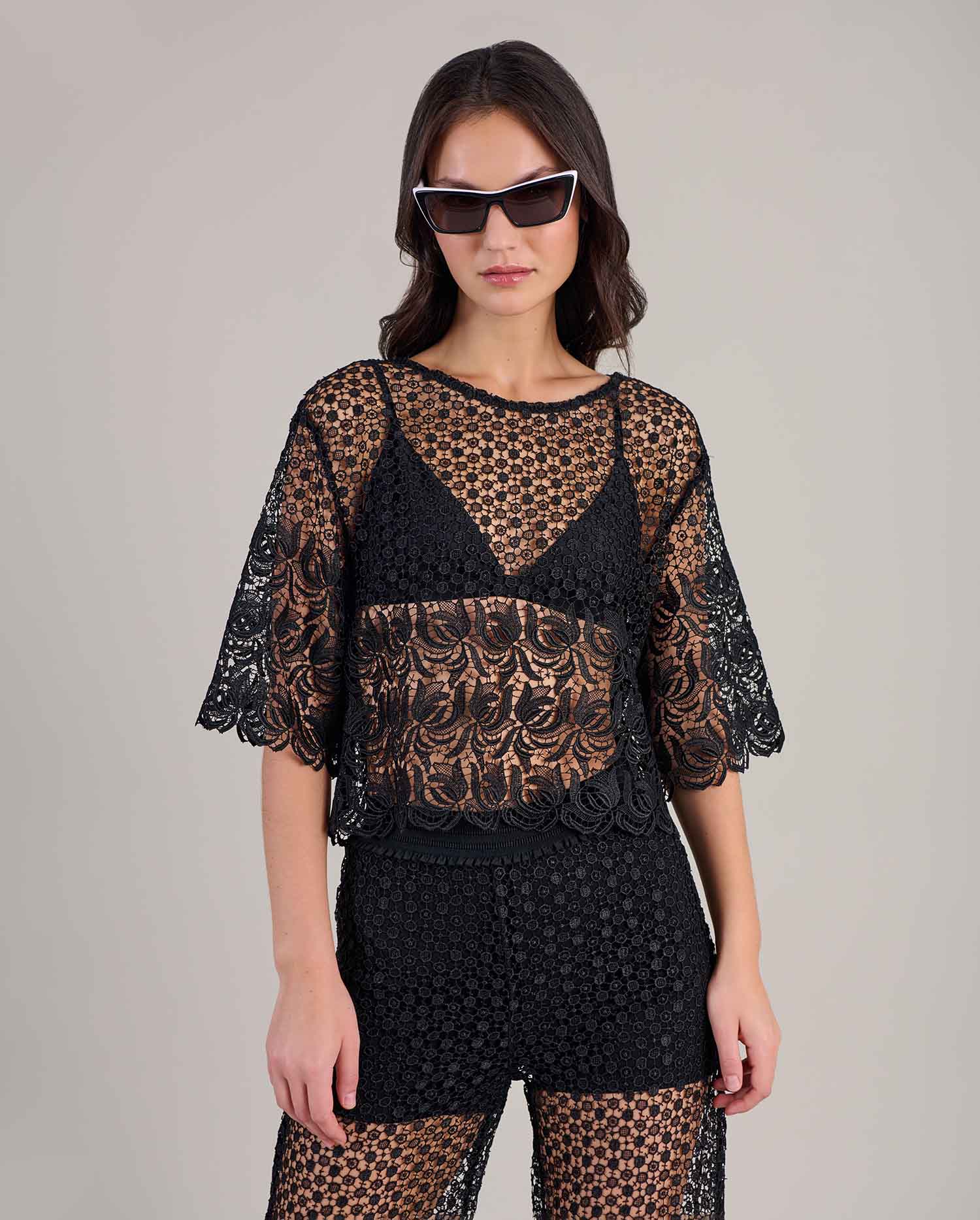 Discover the OXANA Black Crop Sheer Mesh Embroidered Lace Top from designer ANNE FONTAINE