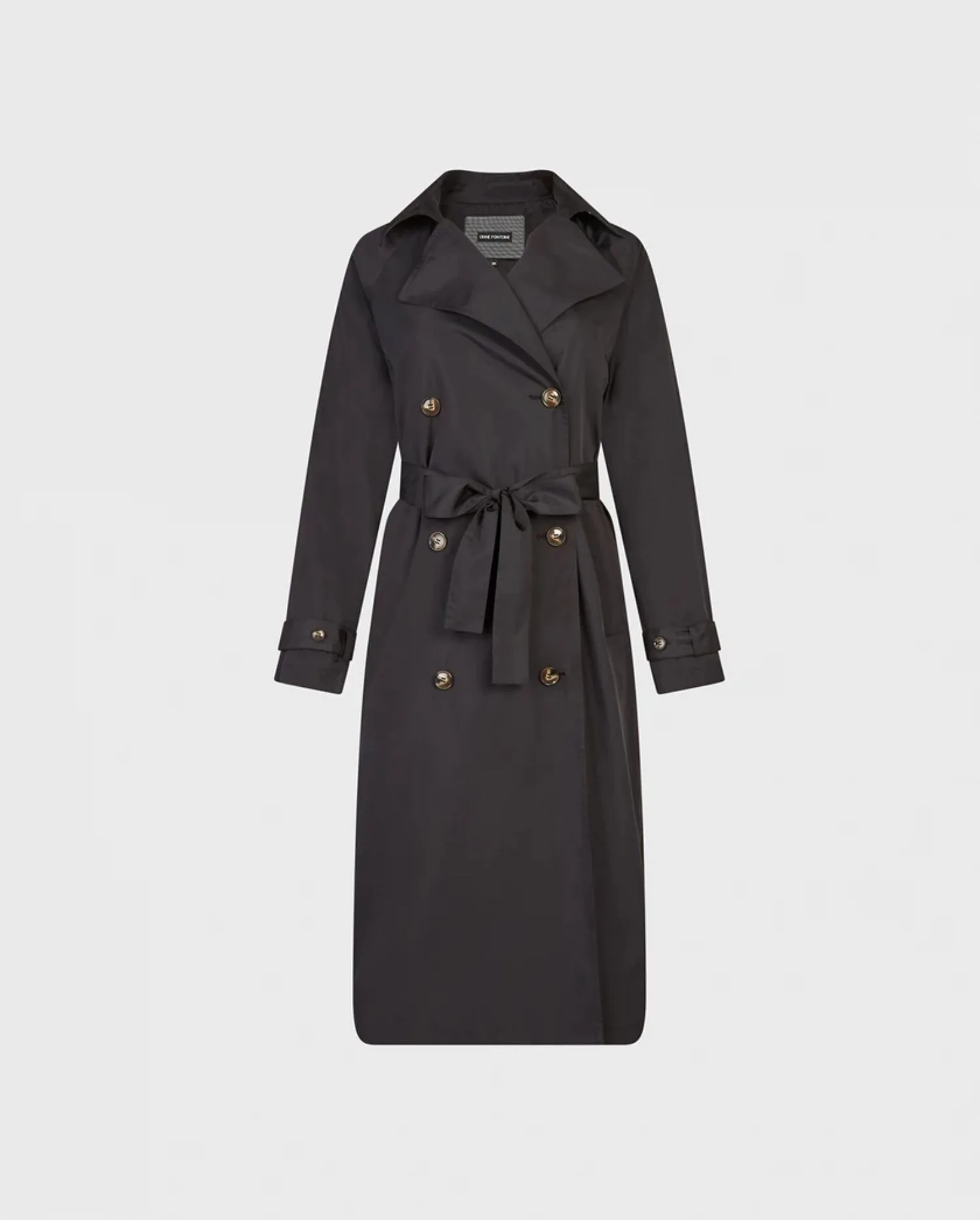 Discover the NORA Black Classic Trench Coat With Silk Leopard Print Lining by designer ANNE FONTAINE