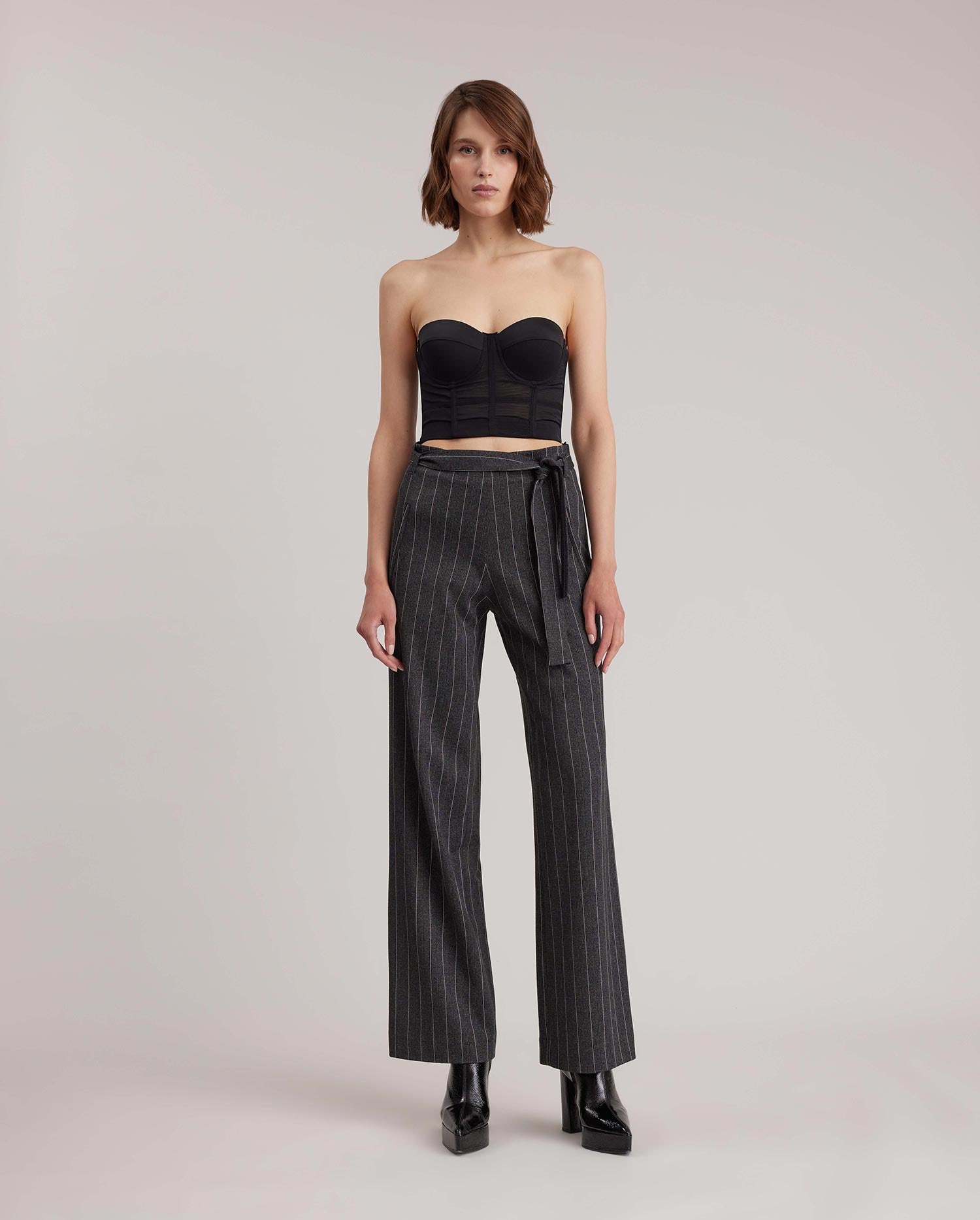 Discover the Princeton Dark Grey Wide Leg Pant With White Pinstripes from designer ANNE FONTAINE