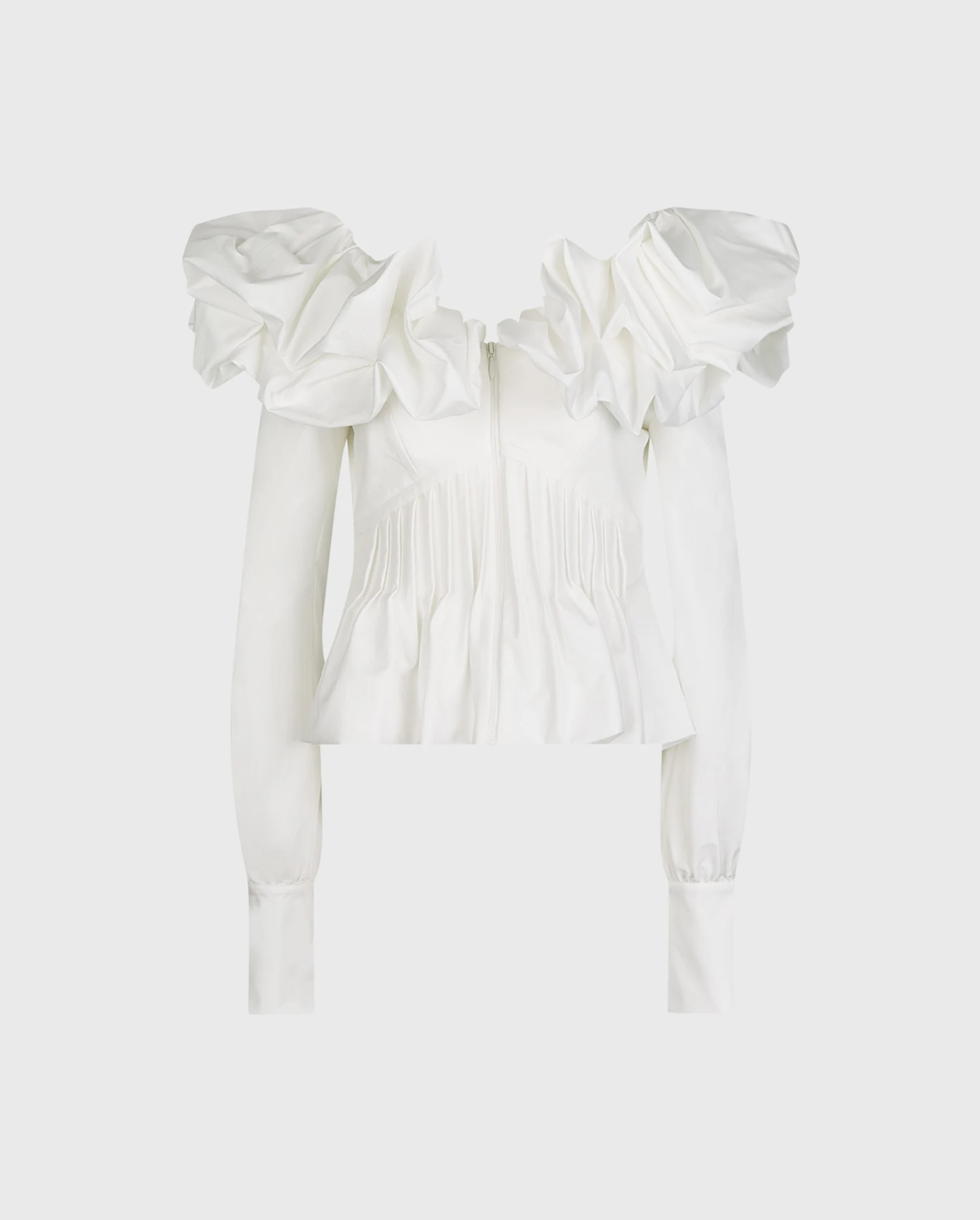 Discover the Rossana White Long Sleeve Shirt With Voluminous Ruffles At Neckline & Cinched Waist from designer ANNE FONTAINE