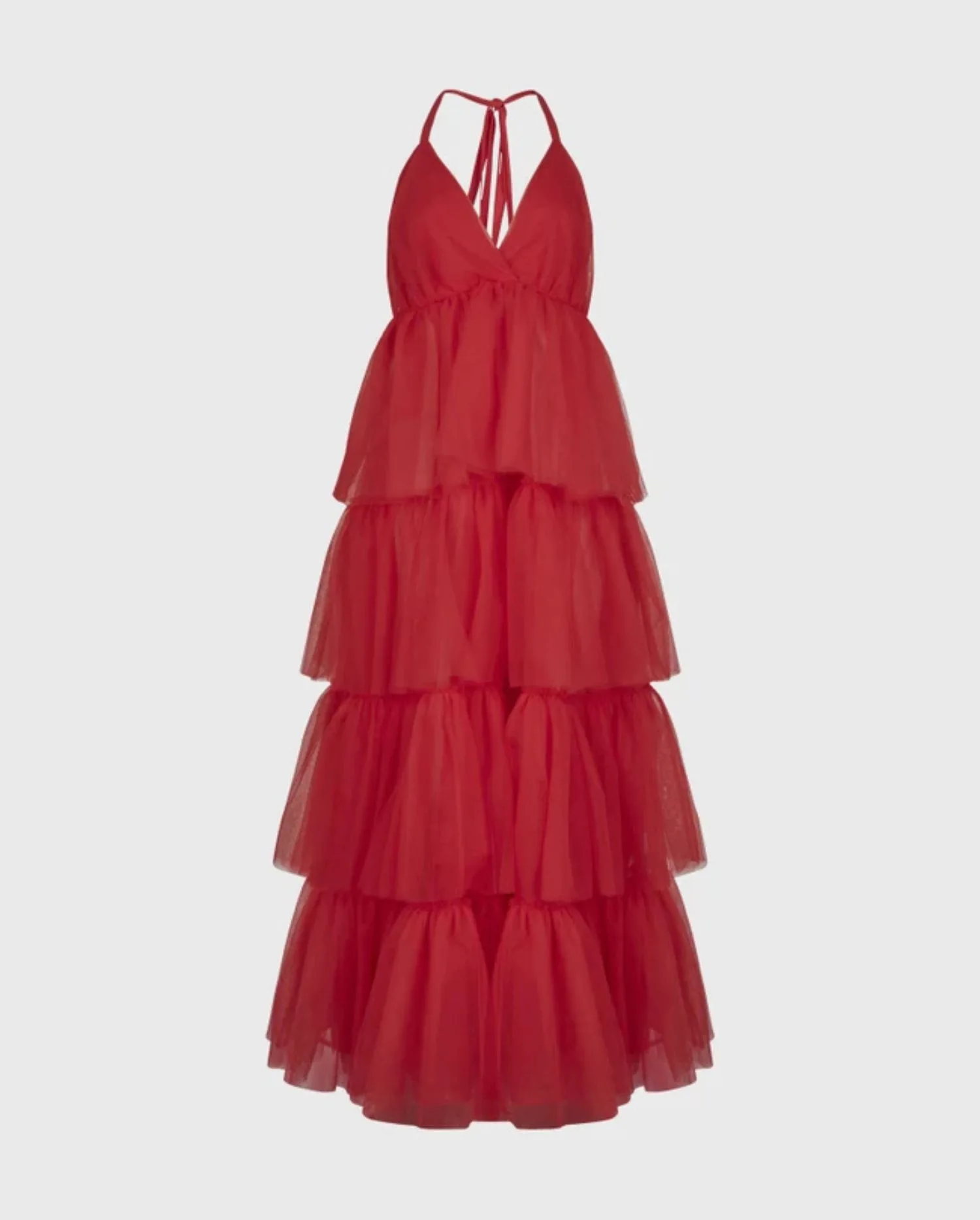 Discover the Samra Red Sheer Mesh Floor Length Dress with Deep V-neckline and Layered Ruffles by designer ANNE FONTAINE