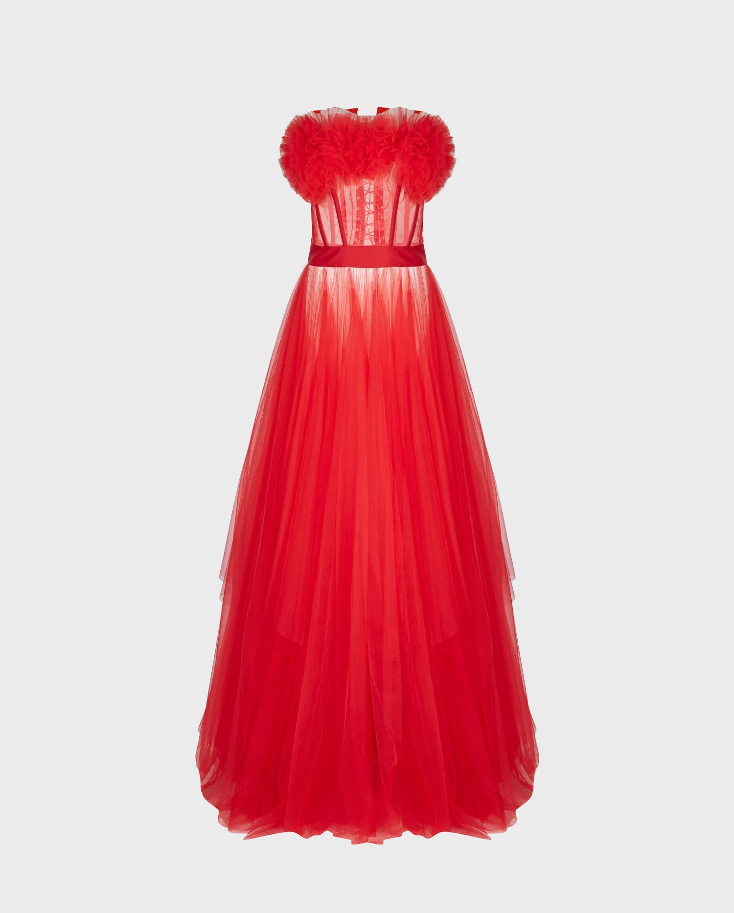 Discover the Siecle Long Red Strapless Satin and Tulle Dress from designer ANNE FONTAINE