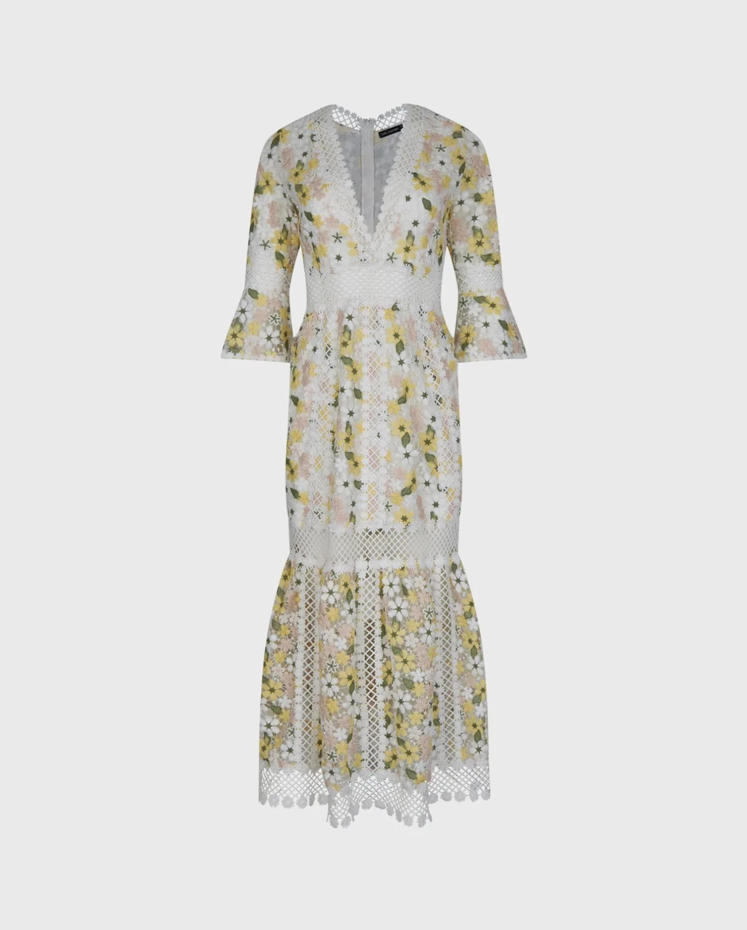 Discover the Susana Pastel Yellow Long Floral Lace Dress With Elbow Length Ruffle Sleeve and Daisy Lattice Trim from designer ANNE FONTAINE