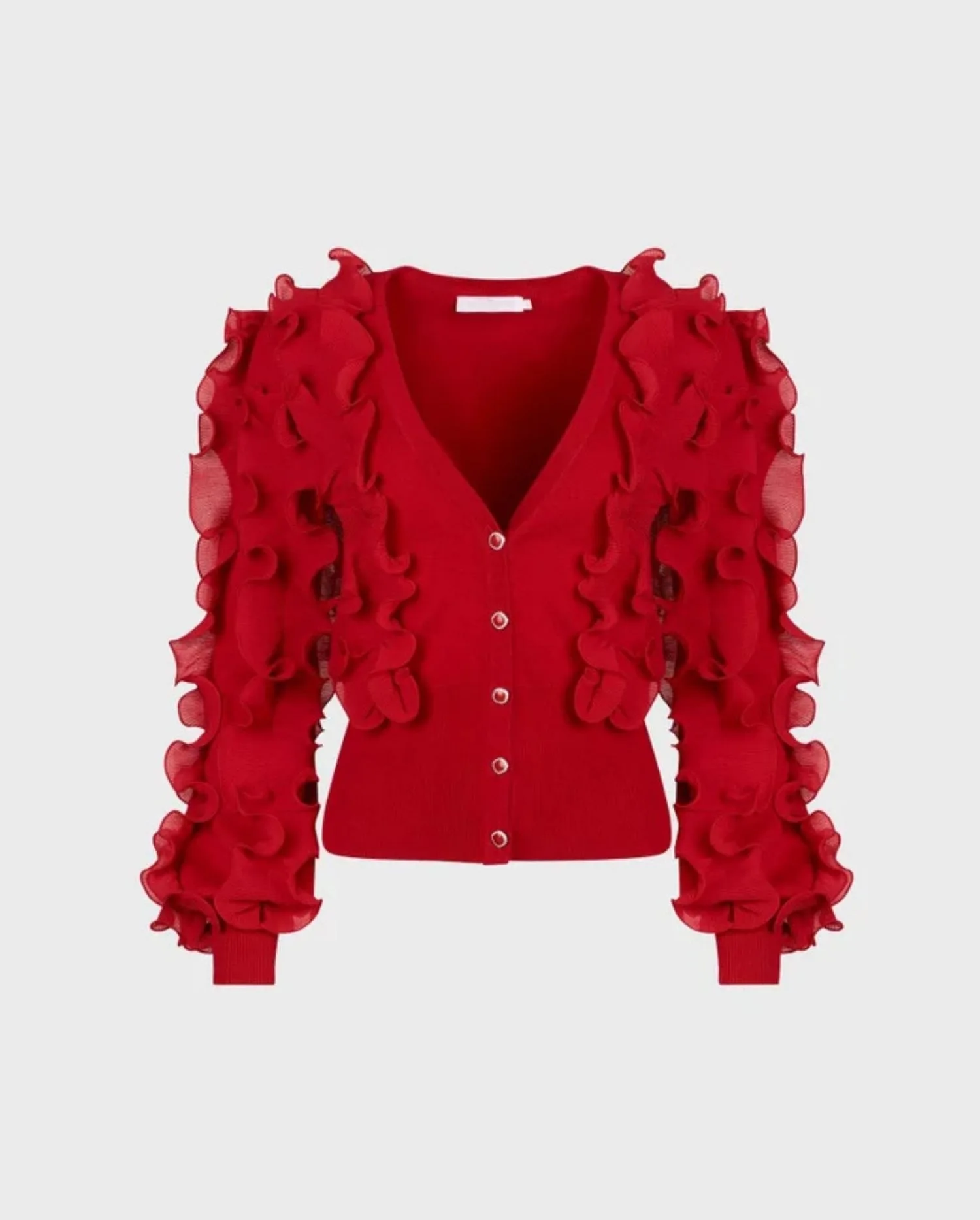 Discover the CILINE Red Long Sleeve Ruffle Covered Cardigan by designer ANNE FONTAINE