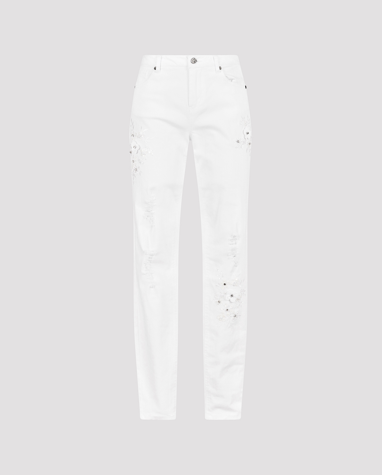 Shop the White Vala Stretch Denim Jeans With Embroidered and Jeweled Flowers from designer Anne Fontaine