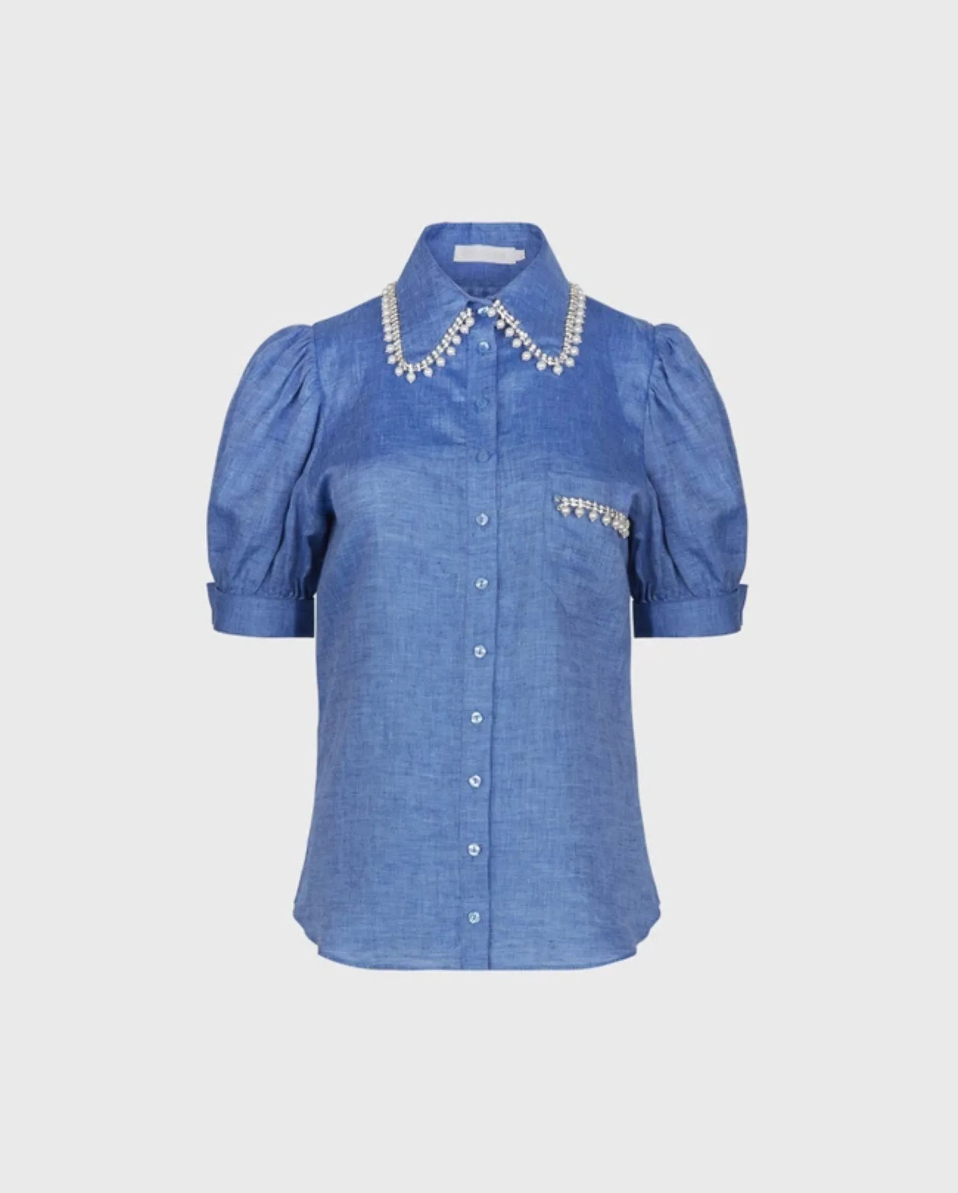Discover the VANIA Blue Linen Shirt With Short Puff Sleeves and French Cuffs by designer ANNE FONTAINE
