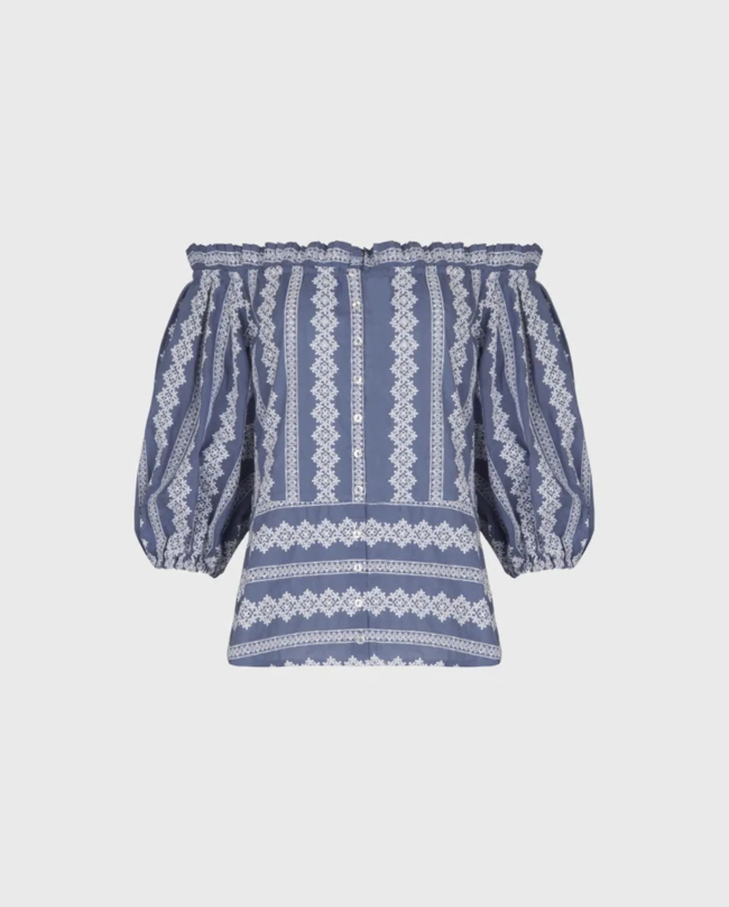 Discover the ELLA Sky Blue Button Down Shirt With White Vertical and Horizontal Embroidery by designer ANNE FONTAINE