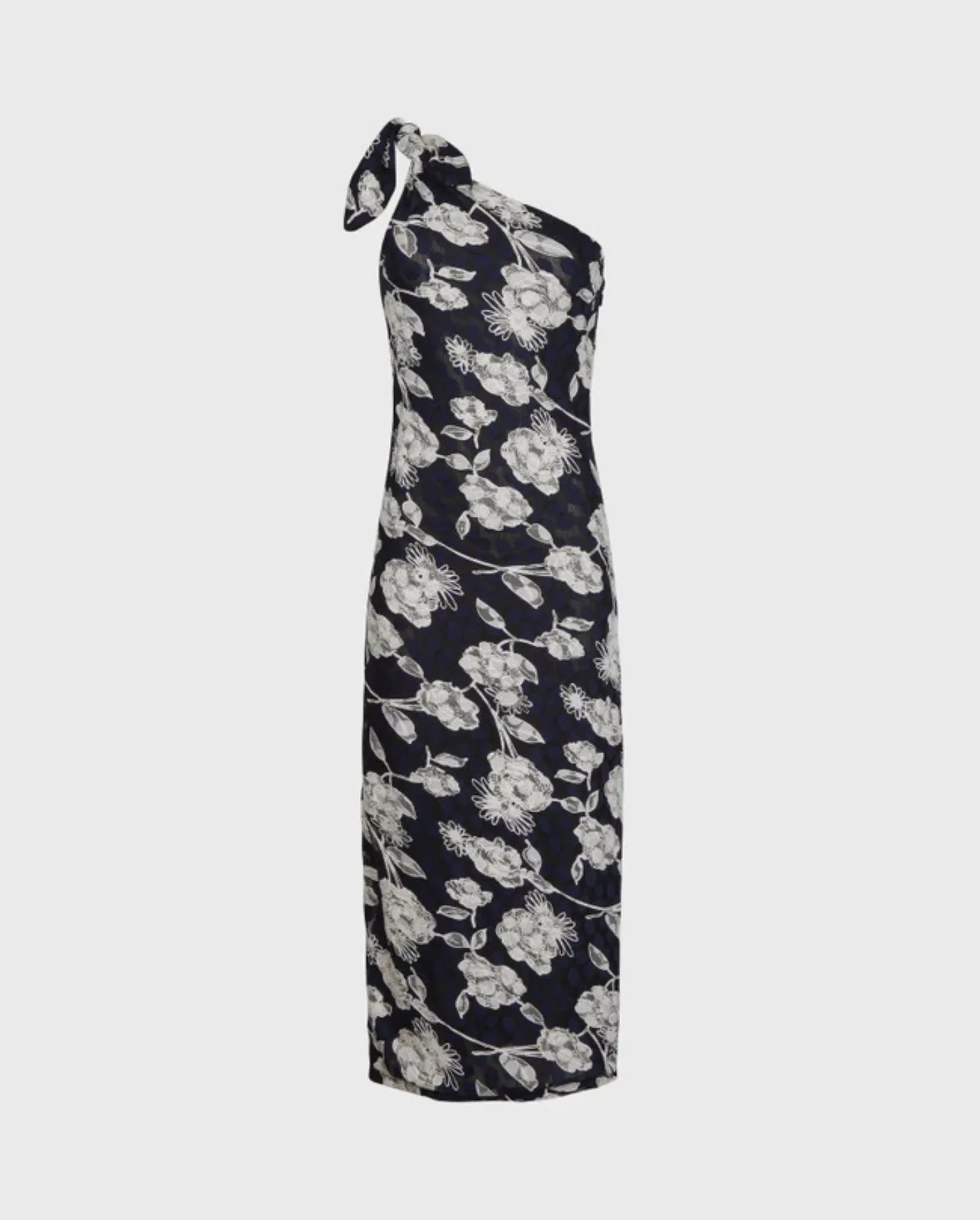 Discover the OLINDA Blue and White One Shoulder Floral Lace Fitted Maxi Dress by designer ANNE FONTAINE