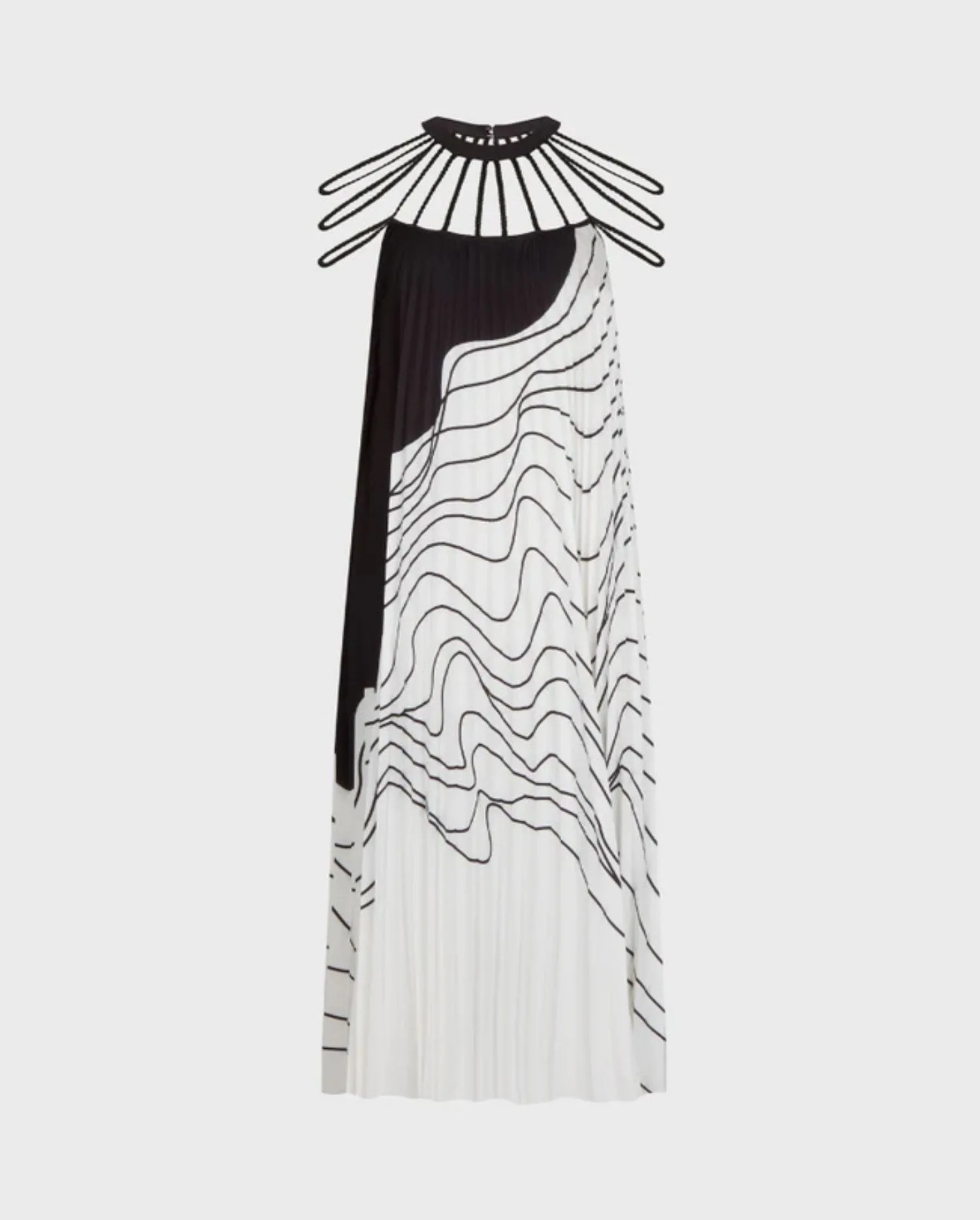 Discover the OSANNA Black Pleated Maxi Dress With Knife Pleats and Contrasting Black and White Abstract Design and Open Yoke Neckline by designer ANNE FONTAINE