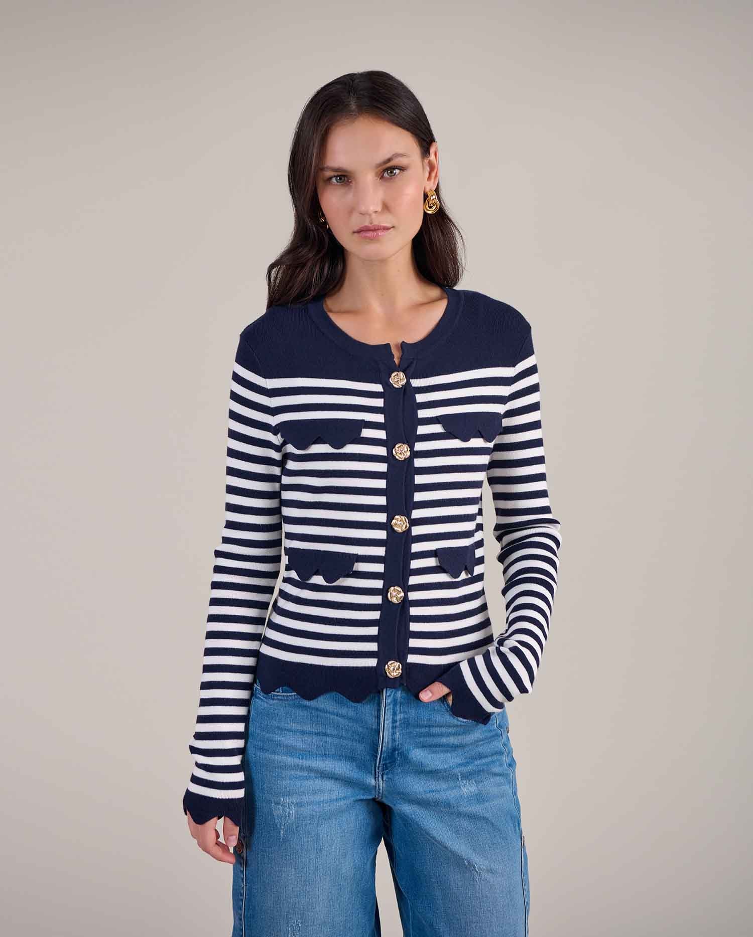 Discover the VIKI Blue And White Striped Cardigan With Gold Flower Buttons from designer ANNE FONTAINE