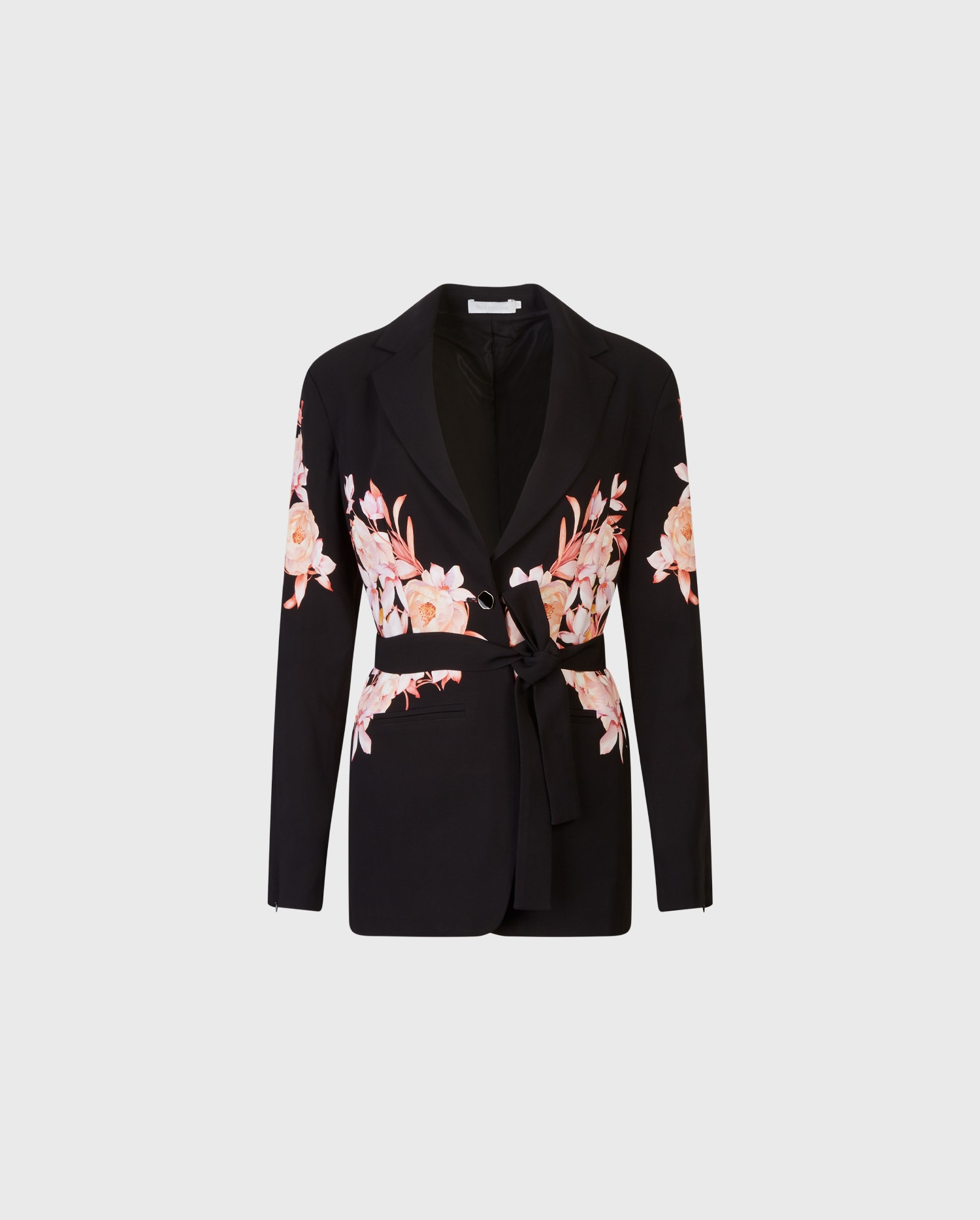 Discover the Vienna Black Blazer With Open Sleeves & Removable Belt Featuring Pink Floral Design from designer ANNE FONTAINE