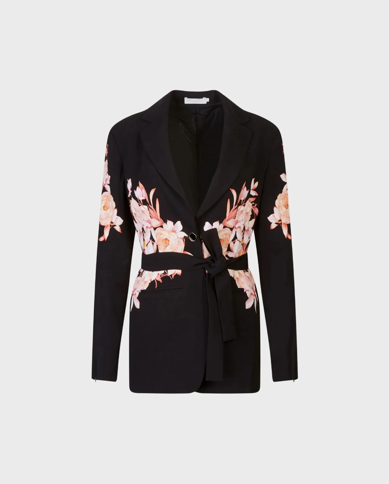 Discover the Vienna Black Blazer With Open Sleeves & Removable Belt Featuring Pink Floral Design from designer ANNE FONTAINE