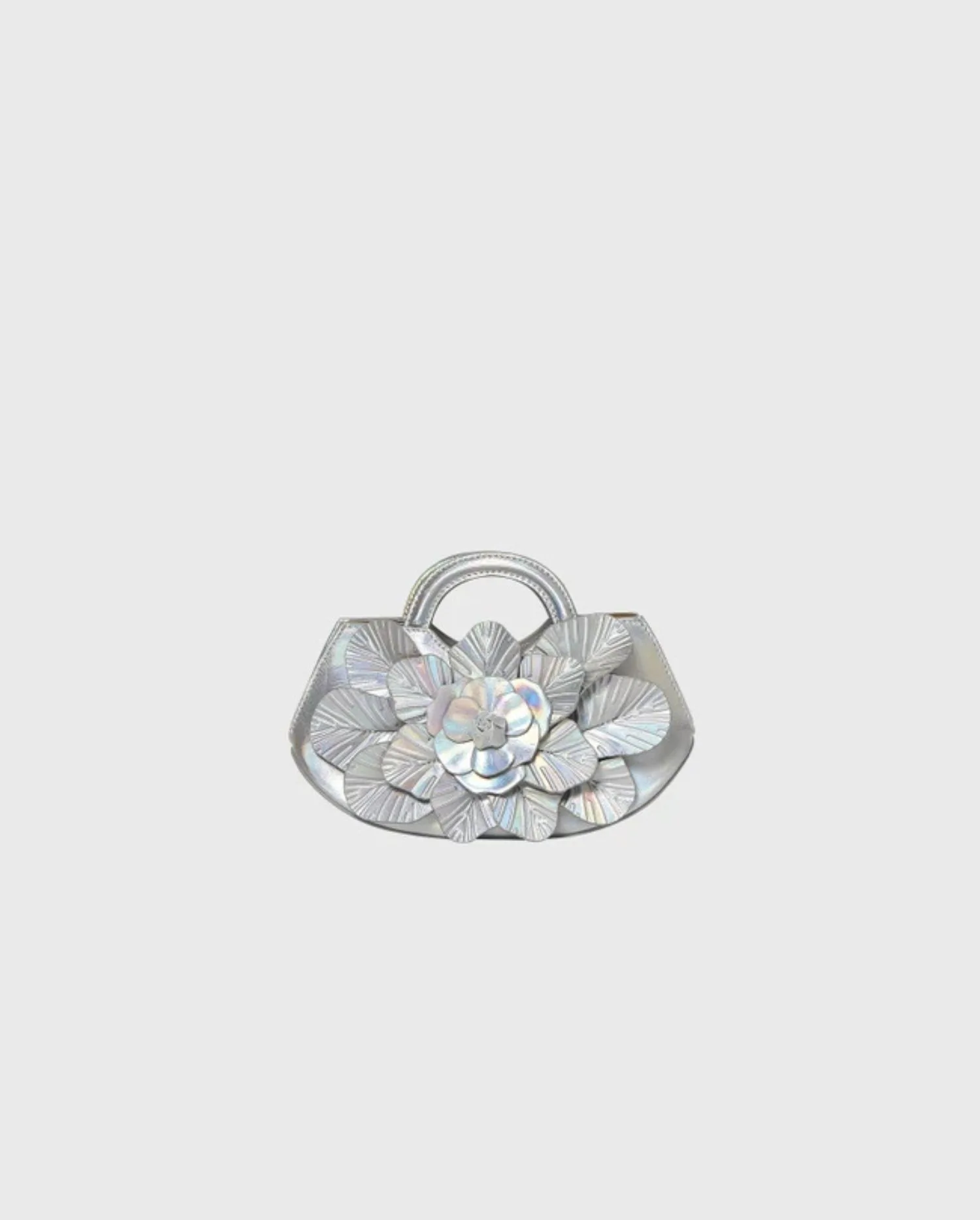 Discover the SCARLETT Silver Iridescent Leather Mini Floral Handbag  by designer ANNE FONTAINE