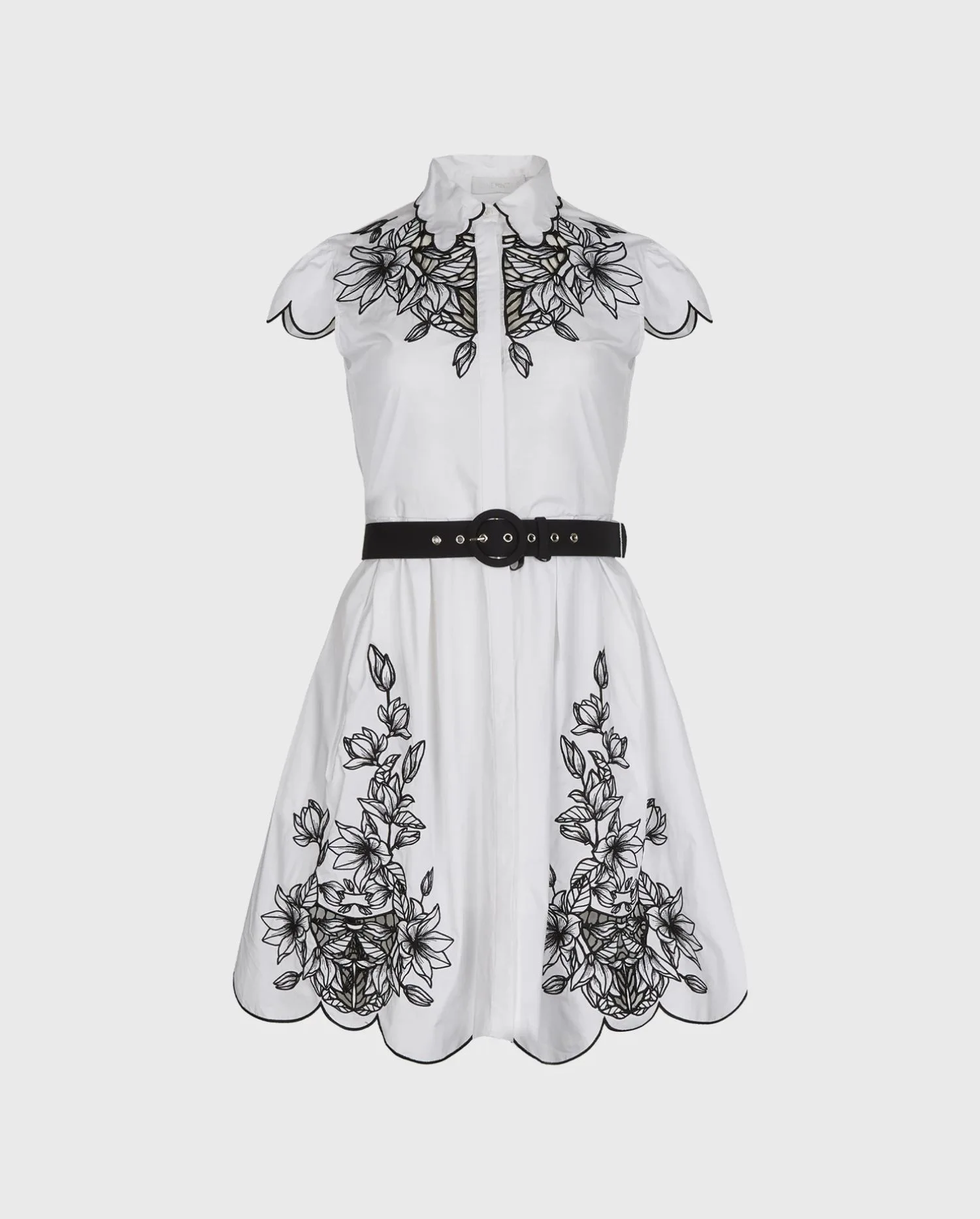 Discover the Adelina White Poplin Shirt Dress With Black Embroidery Detailing, Scalloped Hem, Pockets & Removable Belt from designer ANNE FONTAINE