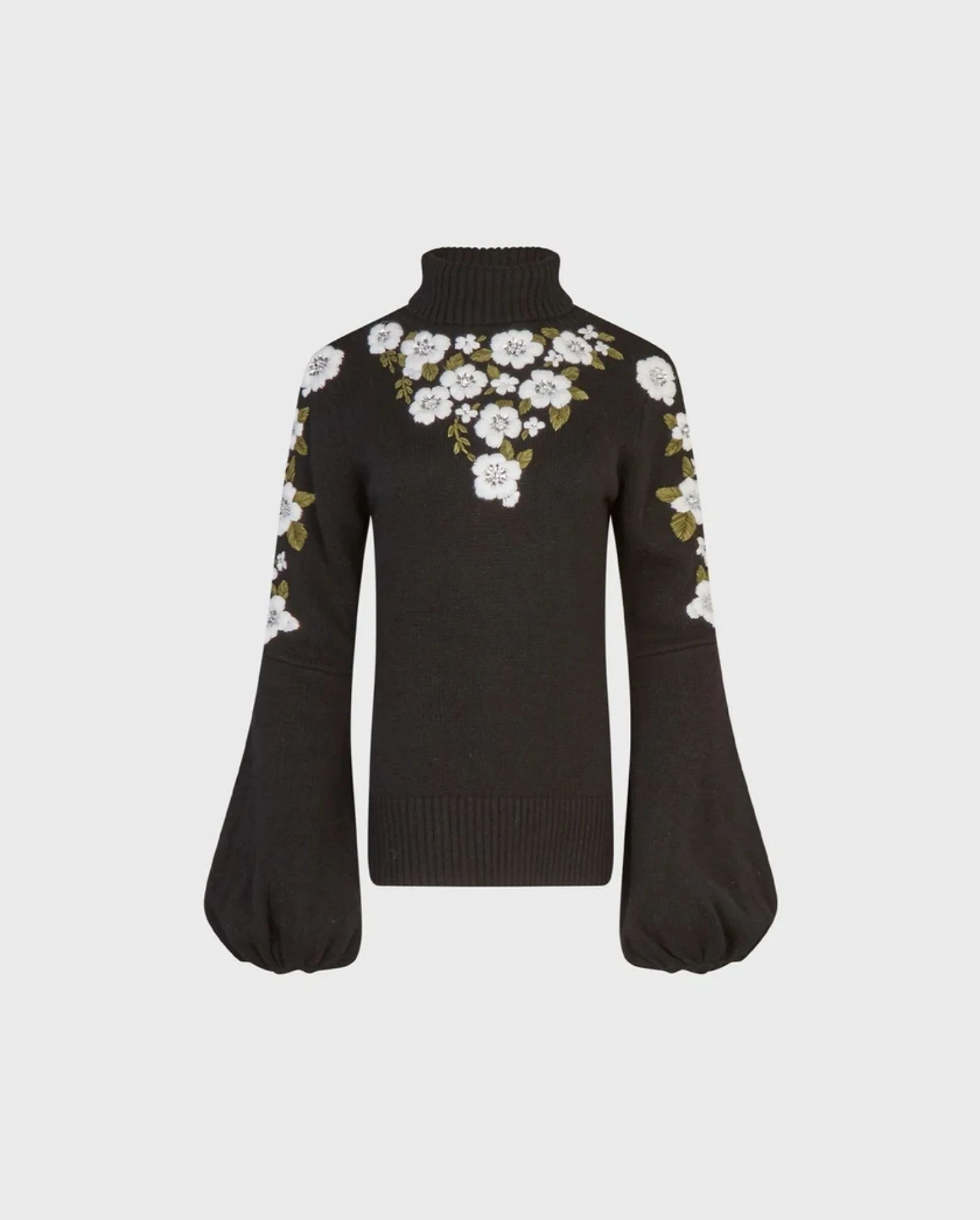 Discover the LEGENDE Black Knit Turtleneck Pullover With Floral Appliqué Details by designer ANNE FONTAINE 