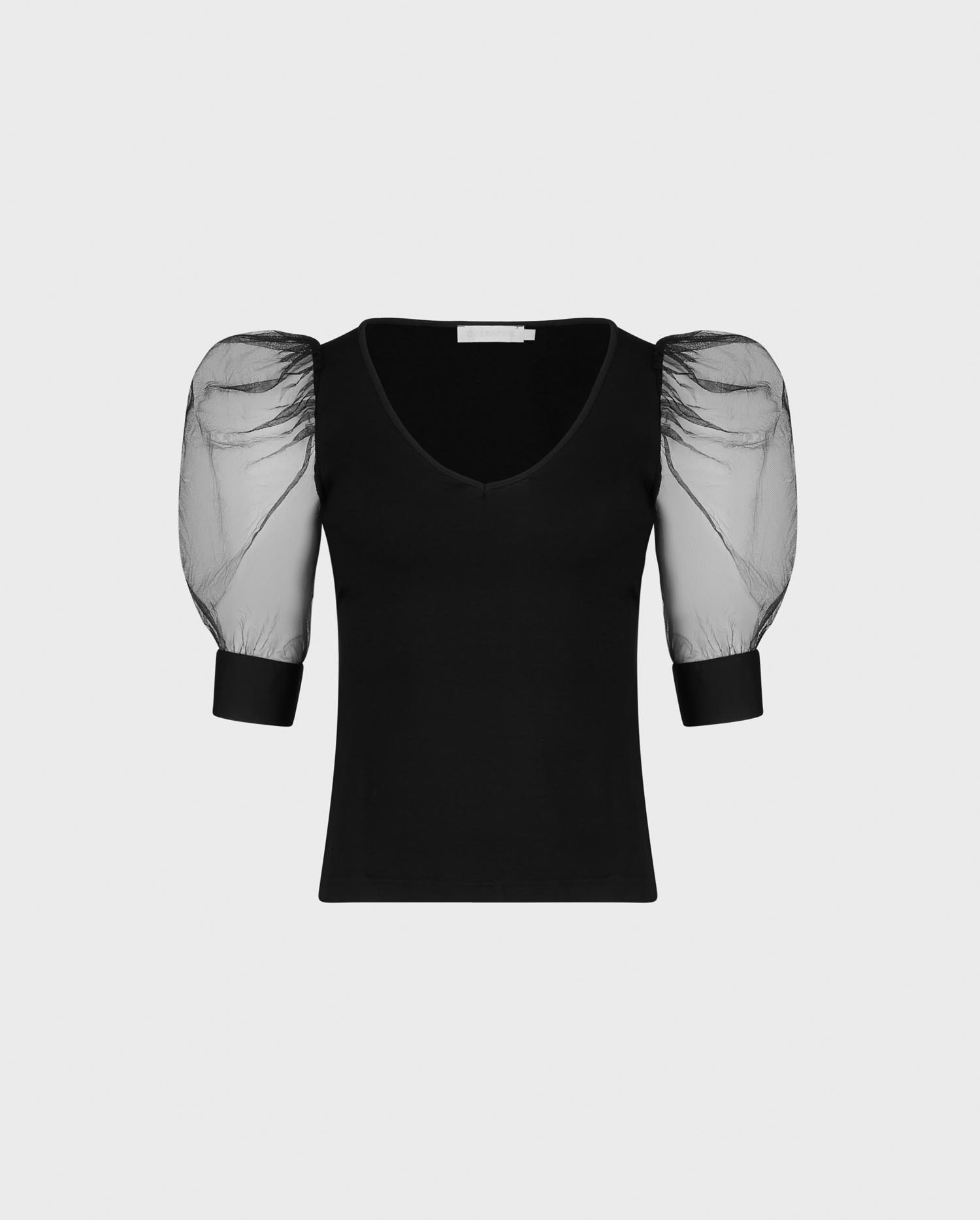 Shop the AERIAL - BLACK v-neck top with mesh sleeves from ANNE FONTAINE