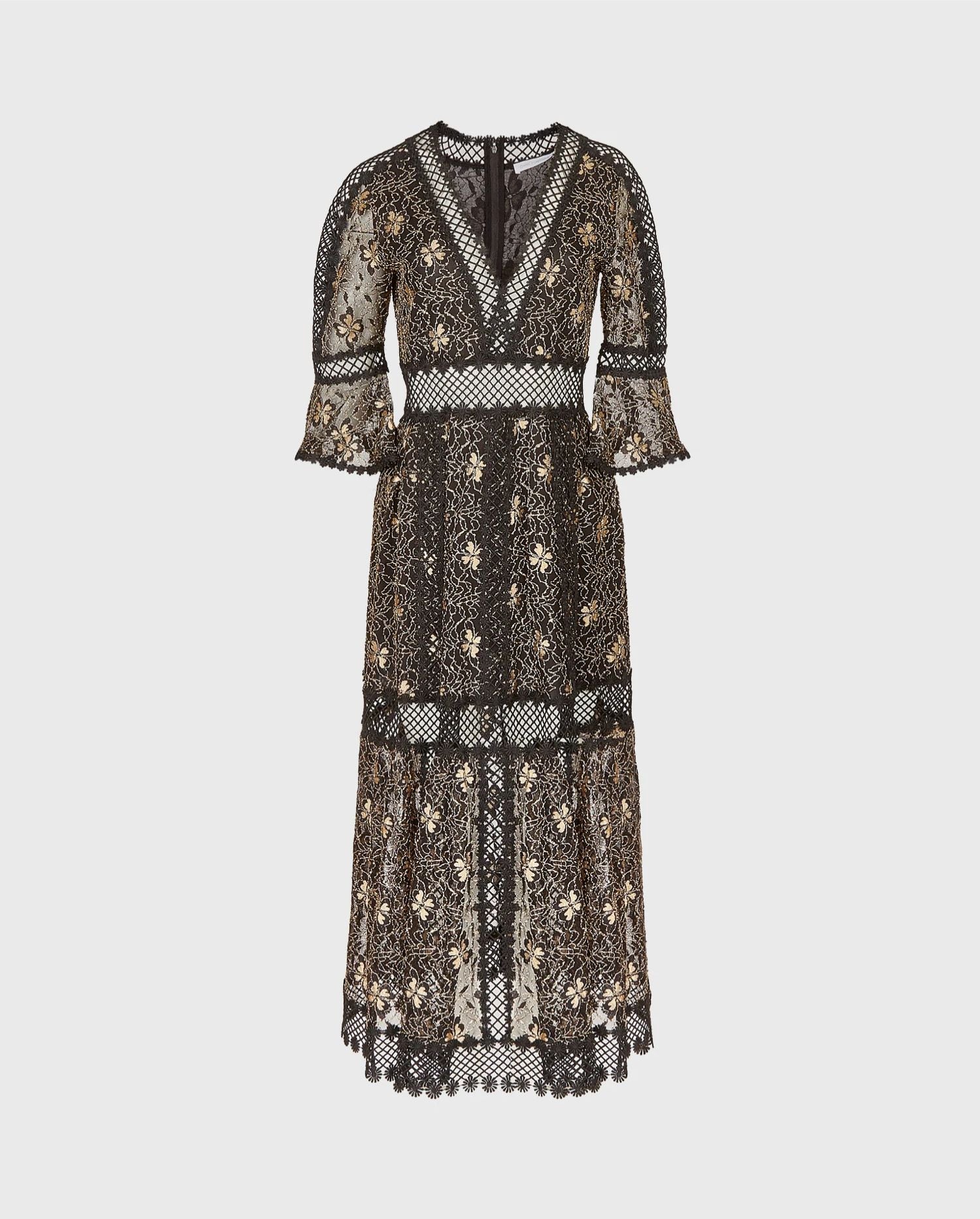 Discover the ANNETTE Black Maxi Lace Floral Dress With V-Neckline & Ruffled Elbow Length Sleeves from designer ANNE FONTAINE