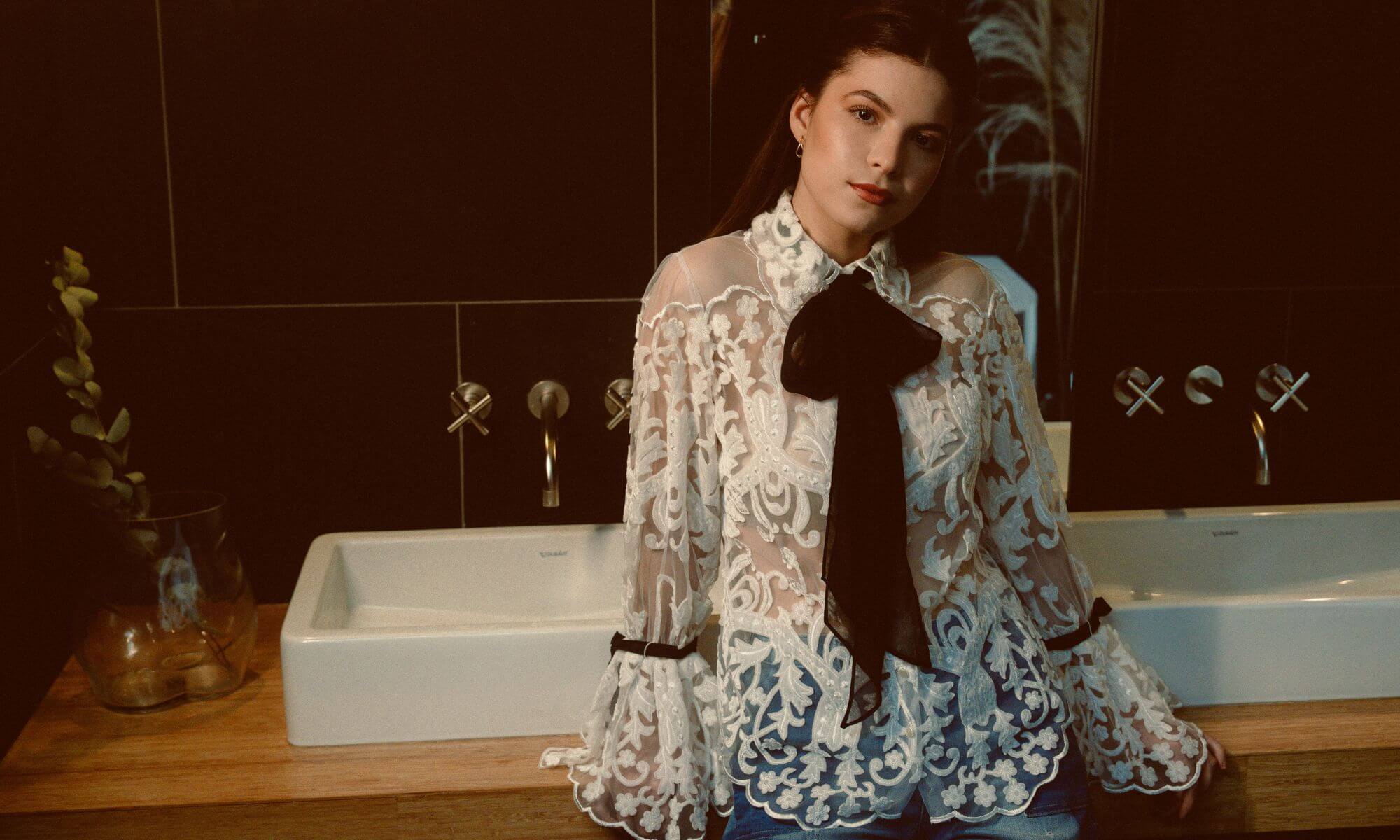 Discover the ARABESQUE Semi-sheer white embroidered lace shirt with removable ties from ANNE FONTAINE