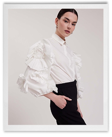 Discover the ISADORA White 3/4 Sleeve Shirt With 3-D Ruffled Flowers